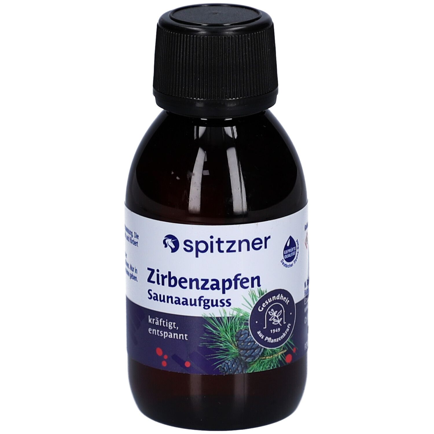 Braune Flasche mit schwarzem Deckel. Etikett mit Produktnamen und Logo. Zirbenzapfen Saunaaufguss.