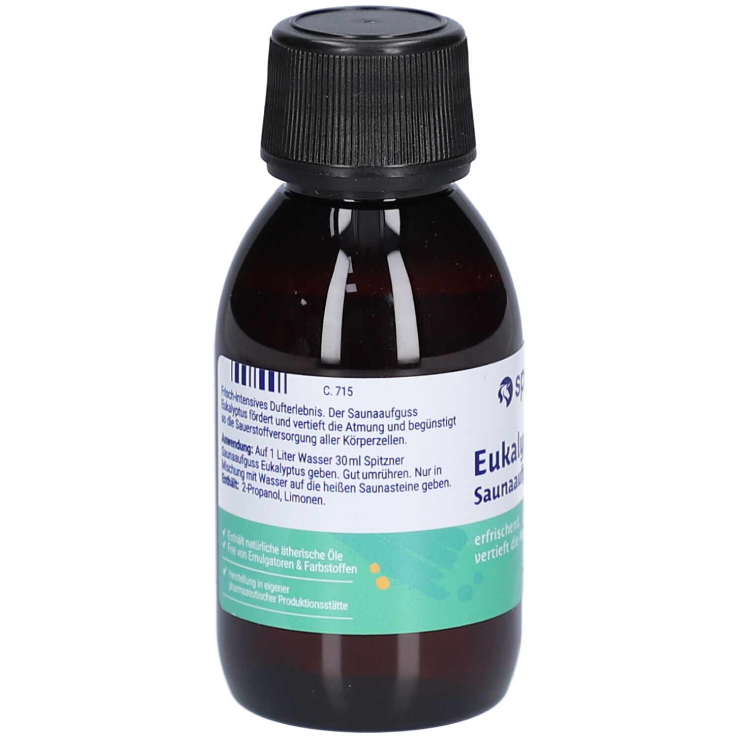 Braune Flasche mit schwarzem Verschluss. Auf dem Etikett steht "spitzner Eukalyptus Saunaaufguss". Text und grüne Elemente.
