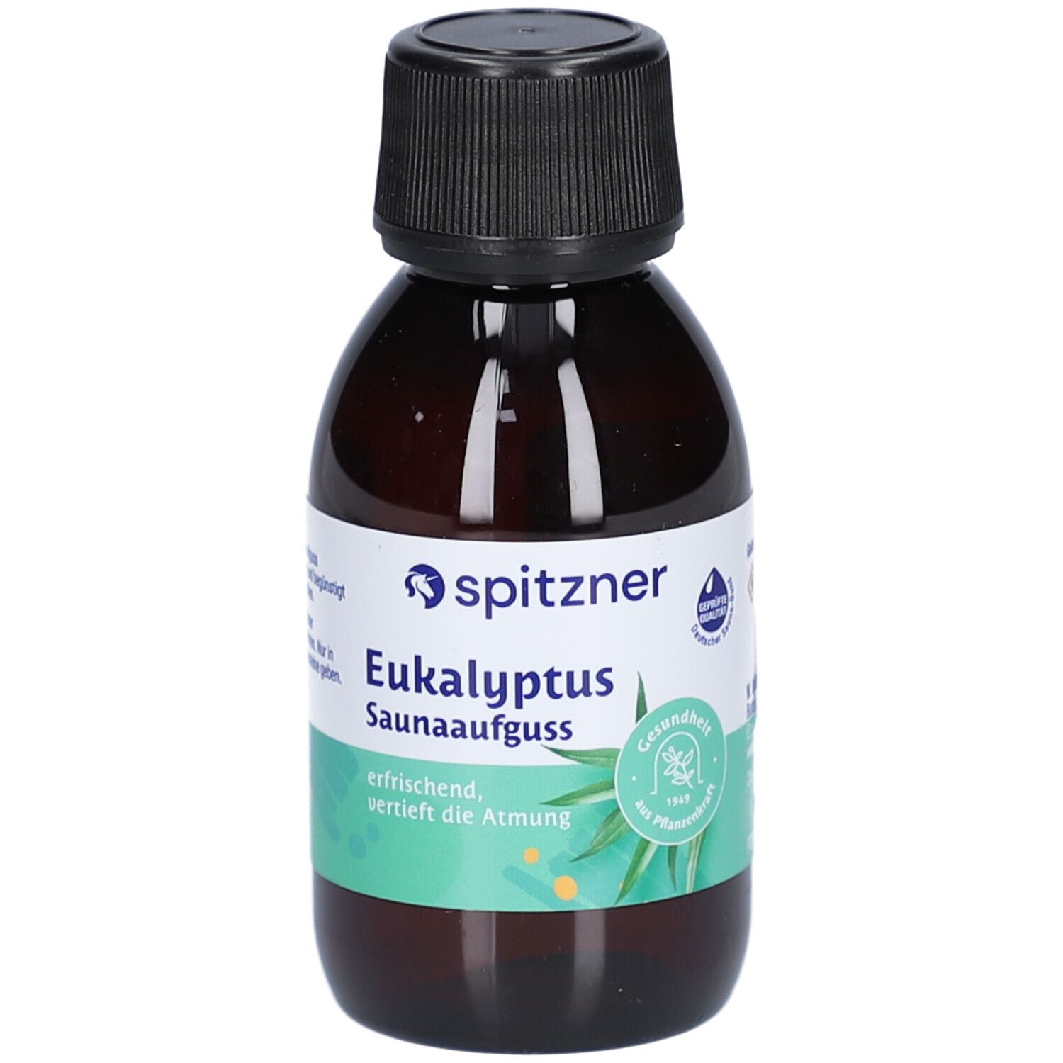 Braune Flasche mit schwarzem Verschluss. Auf dem Etikett steht "spitzner Eukalyptus Saunaaufguss". Grün-weißes Etikett.