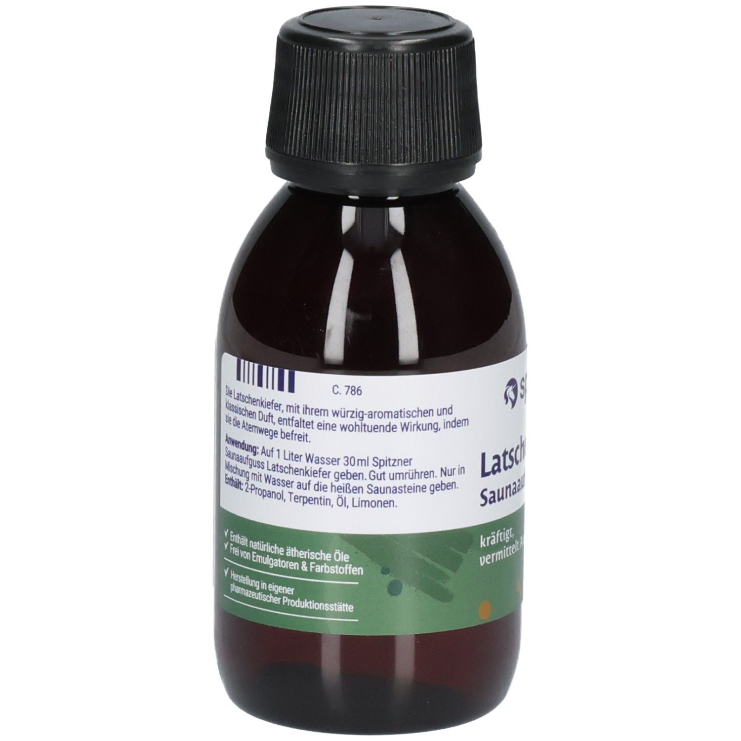 Braune Glasflasche mit schwarzem Schraubverschluss, Etikett mit Produktinformationen und Aufdruck "Latschkiefersaunaöl".