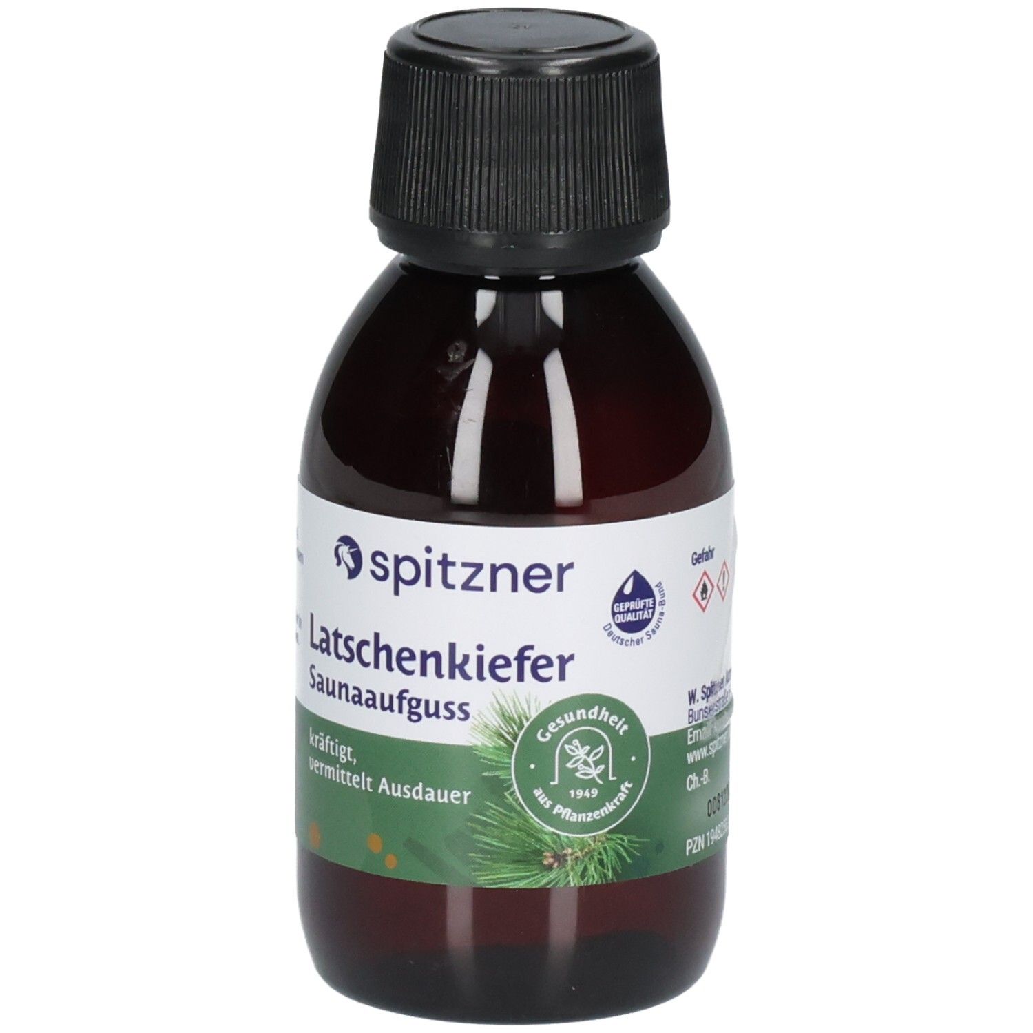 Spitzner Latschekiefer Saunaaufguss in brauner Glasflasche mit schwarzem Schraubverschluss. Etikett mit Pinienzweigen und Siegeln.