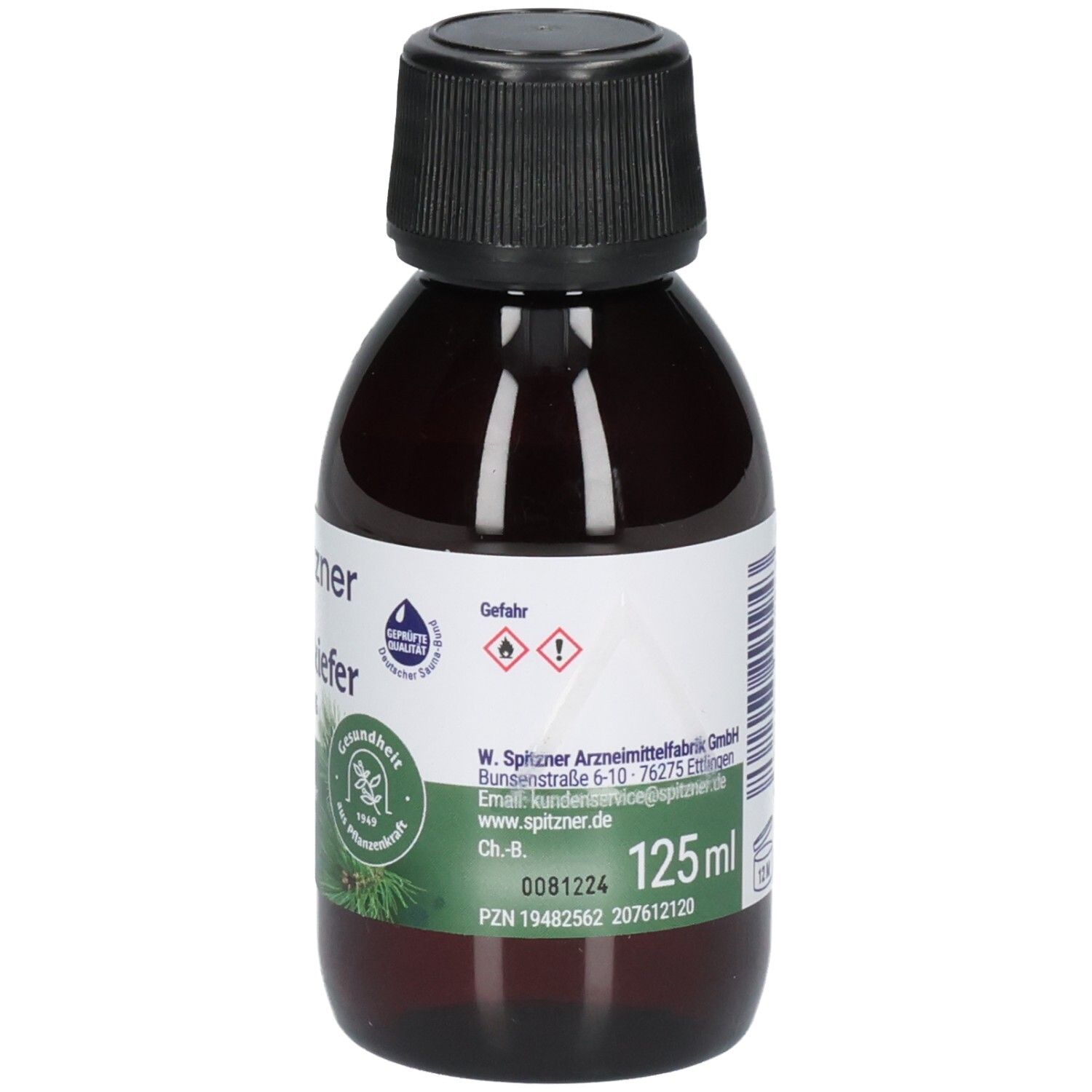 Braune Glasflasche mit schwarzem Schraubverschluss, 125ml Fichtennadelöl. Enthält Gefahrensymbole.
