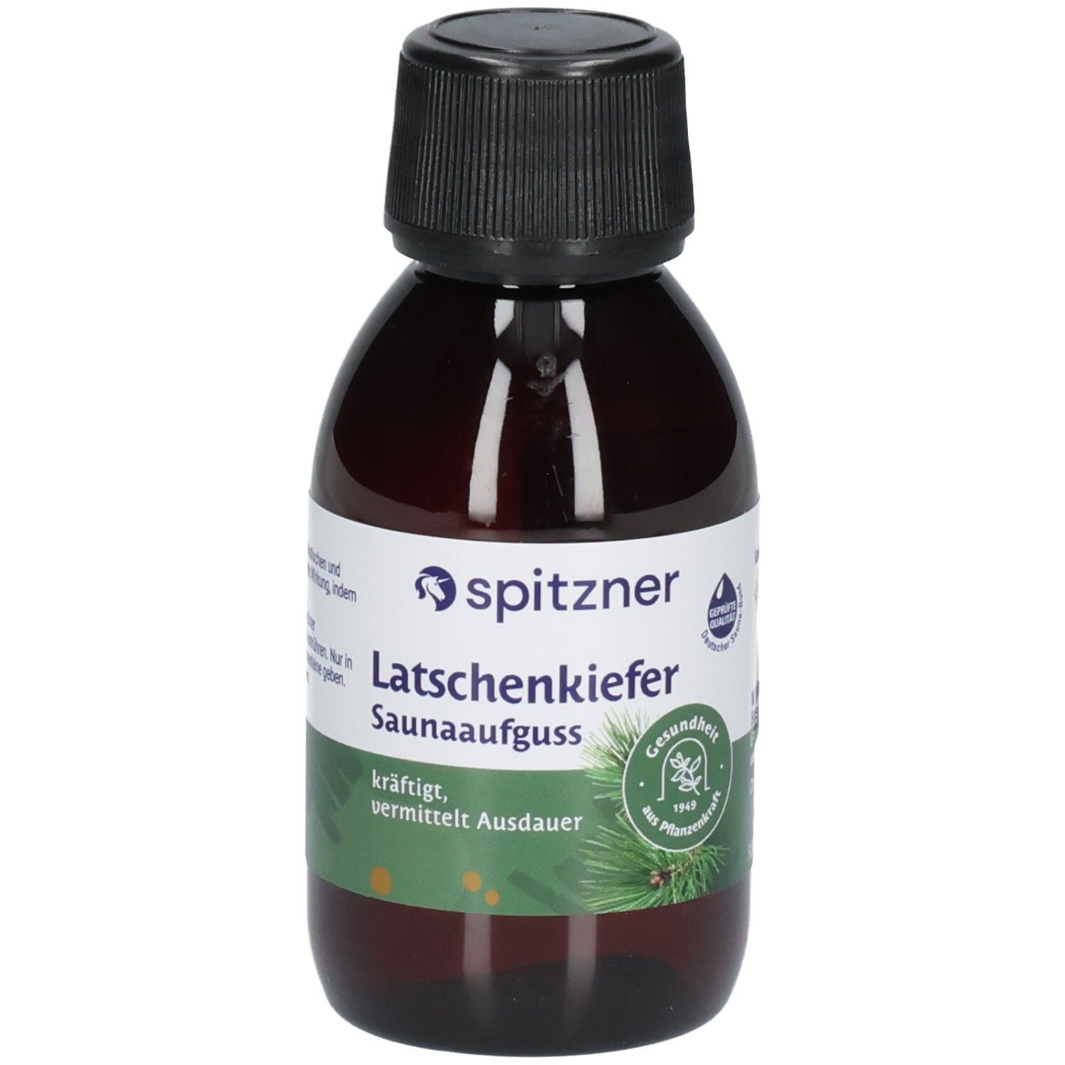 Braune Glasflasche mit schwarzem Schraubverschluss. Etikett mit "spitzner Lätschenkiefer Saunaaufguss" und Pinienzweigen.