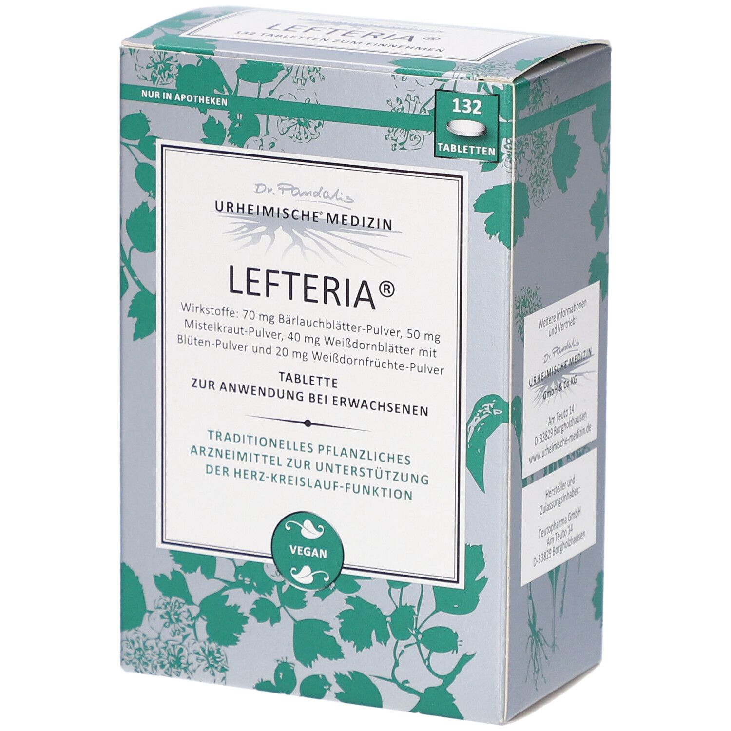Schachtel mit LEFTERIA Tabletten. Vorderseite mit Produktinformationen und Logo. 132 Tabletten. Vegan.