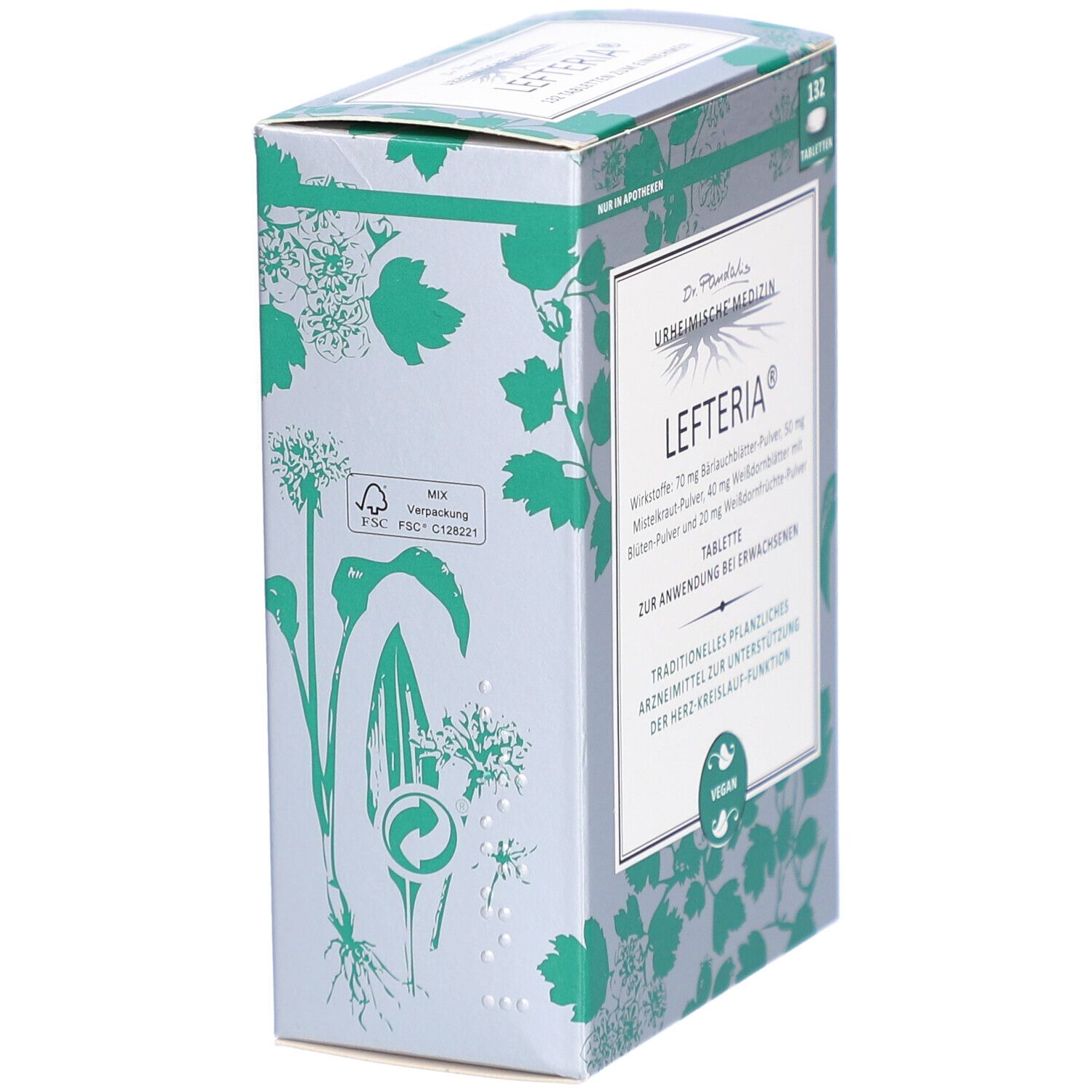 Seitenansicht der LEFTERIA Tabletten-Schachtel. Logo und Produktinformationen. FSC-Zertifizierung. 132 Tabletten.