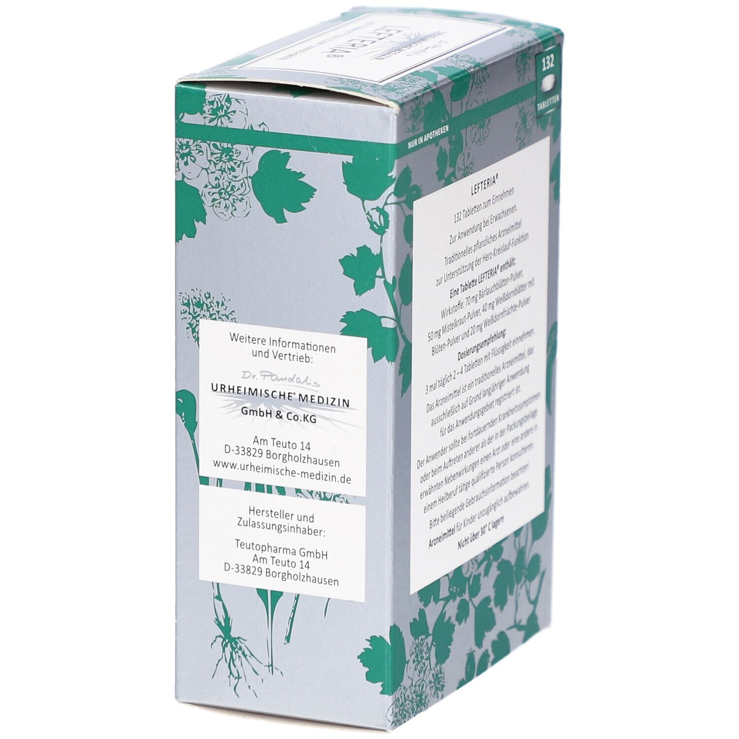 Seitenansicht der LEFTERIA Tabletten-Schachtel. Herstellerinformationen und Logo. 132 Tabletten.