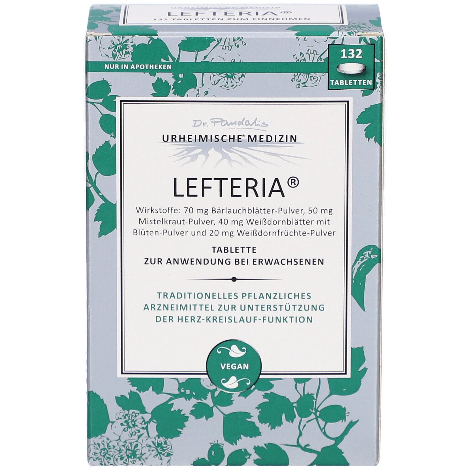 LEFTERIA Tabletten-Schachtel. Vorderansicht. Produktname, Logo, und Informationen. 132 Tabletten. Vegan.