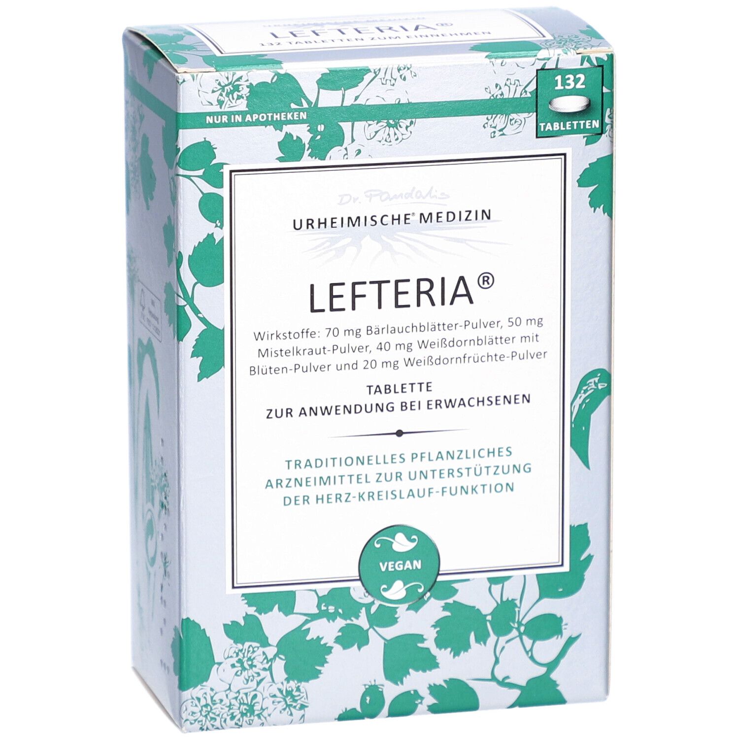 LEFTERIA Tabletten-Schachtel. Vorderansicht. Produktname, Logo, und Informationen. 132 Tabletten. Vegan.