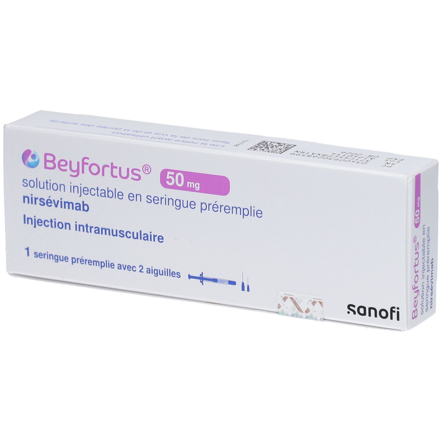 Verpackung von Beyfortus 50 mg. Enthält eine Fertigspritze mit 2 Nadeln. Sanofi-Logo.