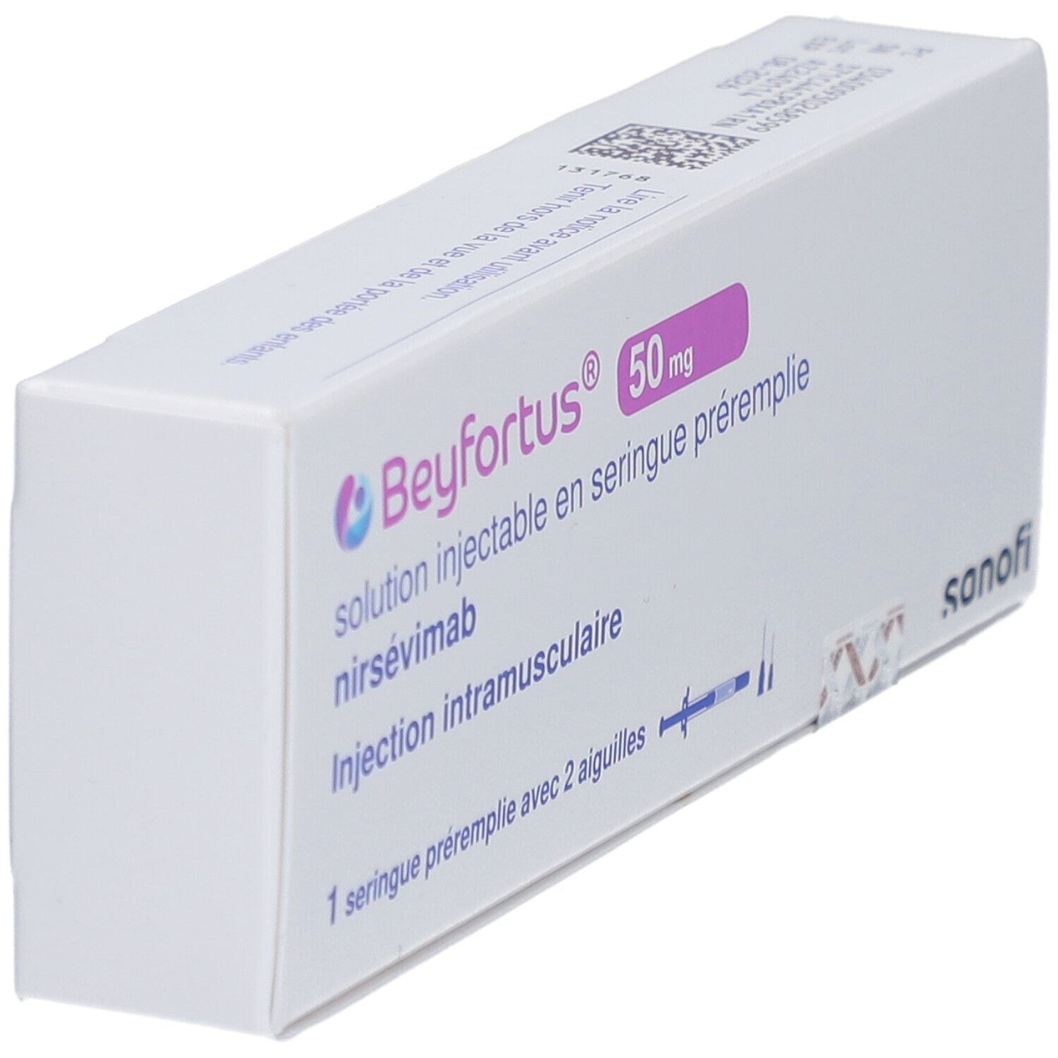 Schrägansicht der Beyfortus 50 mg Verpackung. Enthält eine Fertigspritze mit 2 Nadeln. Sanofi-Logo.