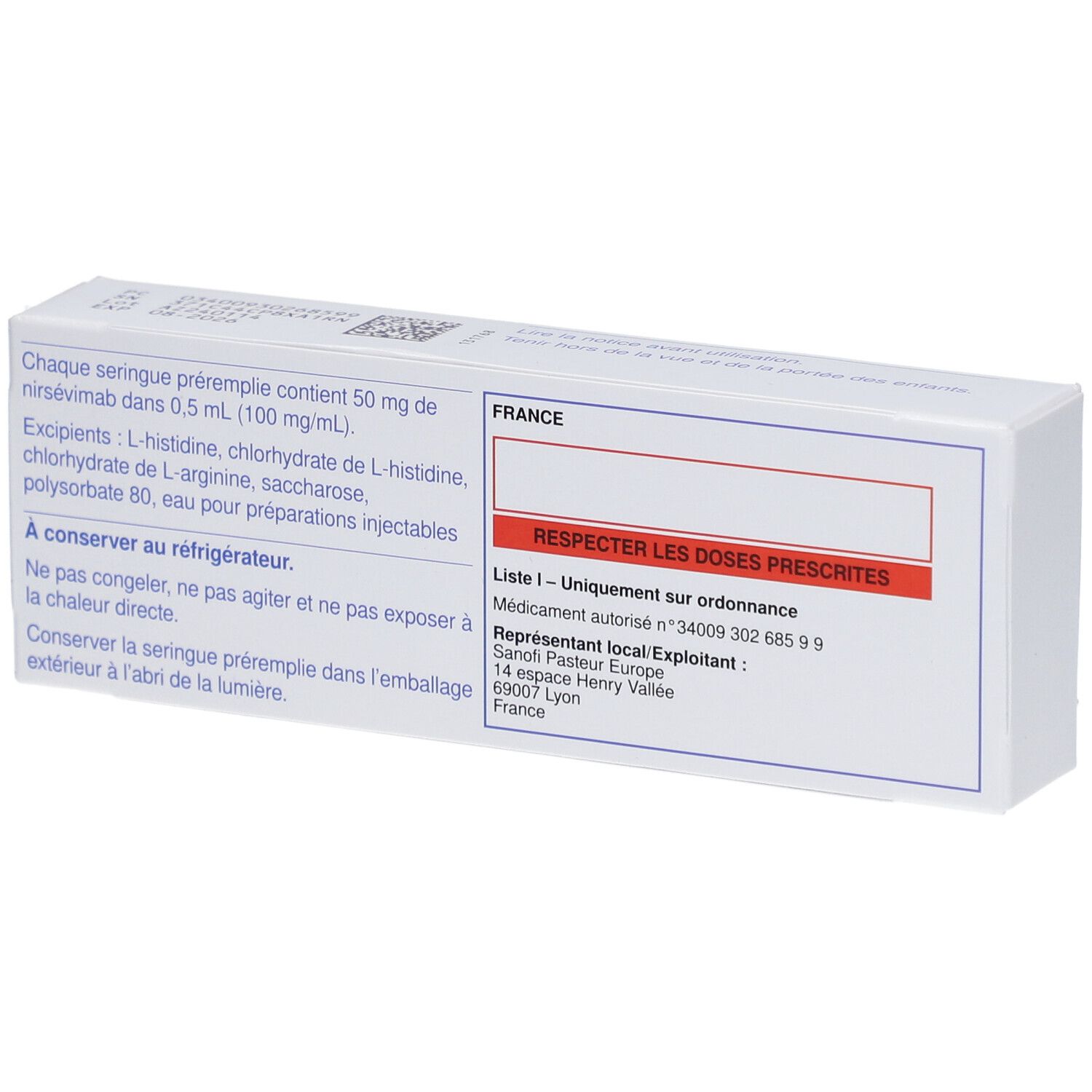 Rückseite der Beyfortus 50 mg Verpackung. Text in Französisch. Enthält Informationen zur Anwendung.