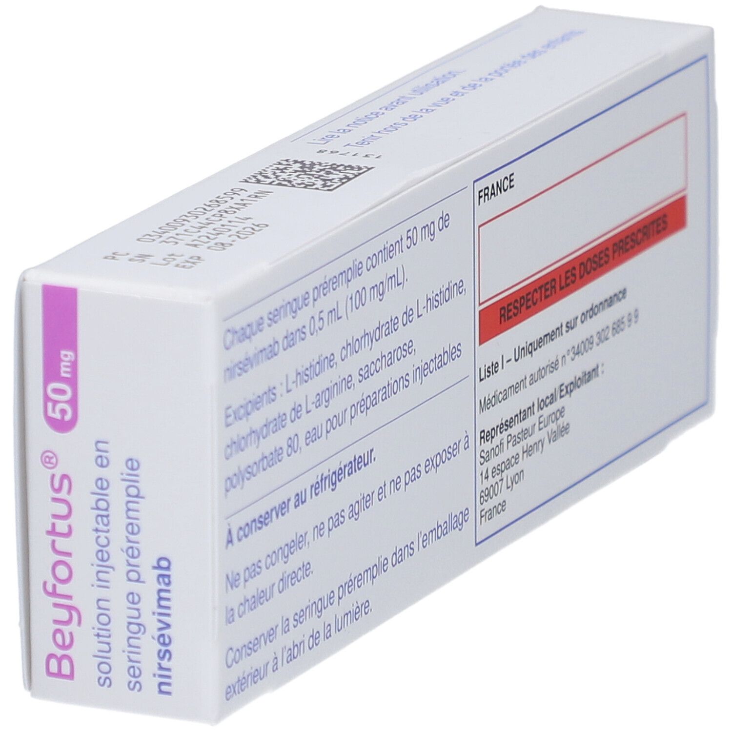 Beyfortus 50 mg Verpackung. Rückseite mit Text in Französisch. Informationen zur Anwendung und Lagerung.