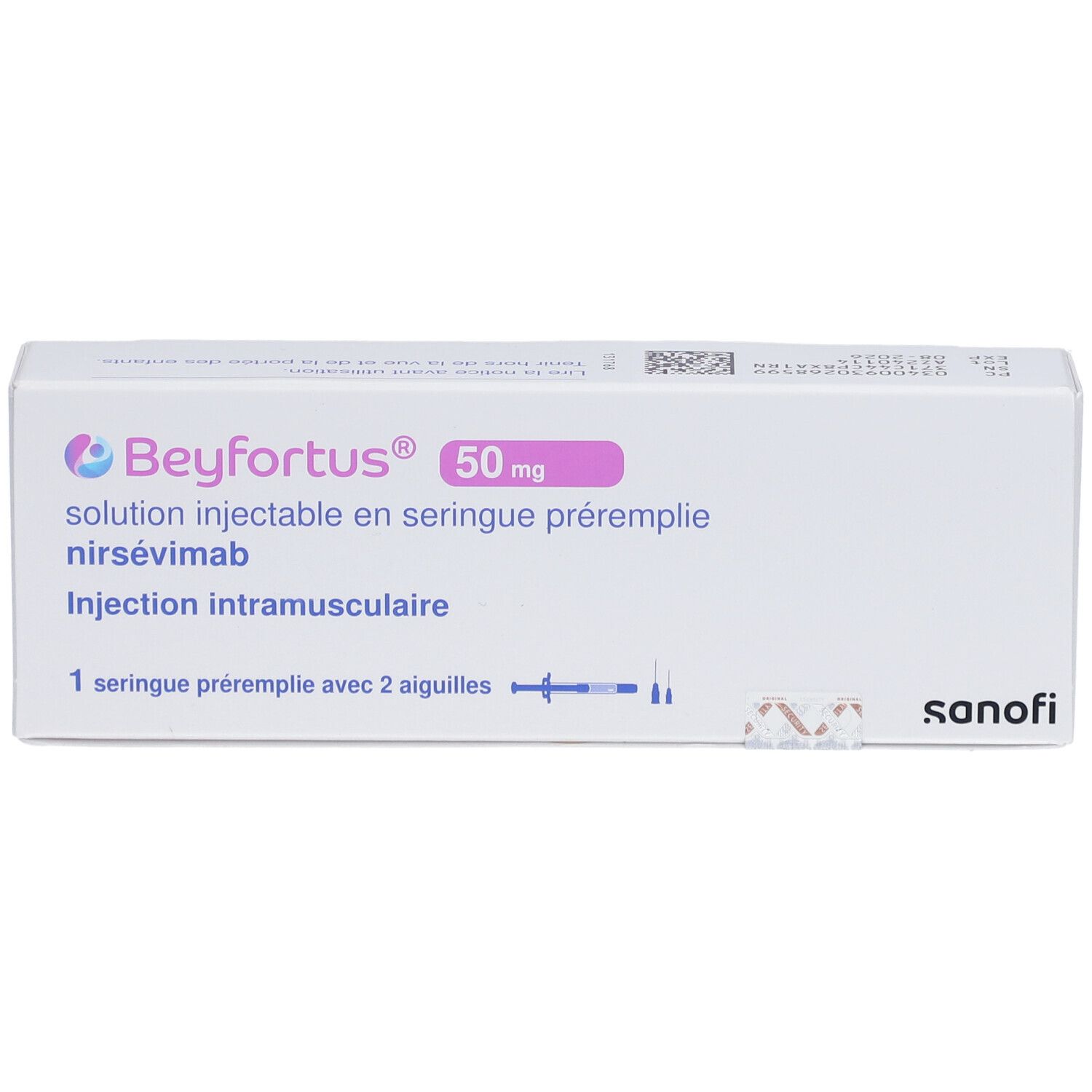 Beyfortus 50 mg Verpackung. Enthält eine Fertigspritze mit 2 Nadeln. Sanofi-Logo.