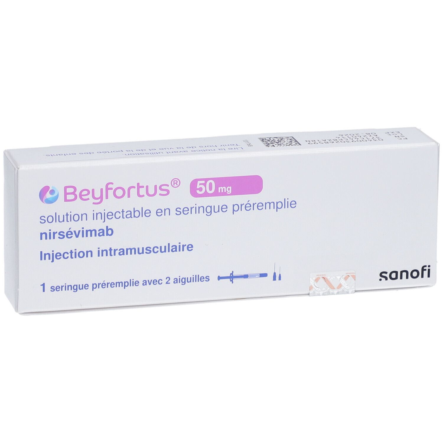 Beyfortus 50 mg Verpackung. Enthält eine Fertigspritze mit 2 Nadeln. Sanofi-Logo.
