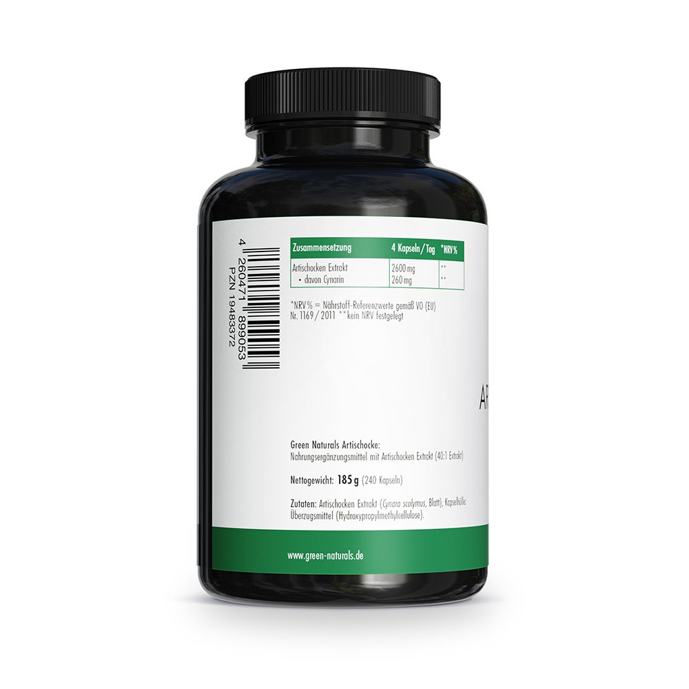 Rückseite des Behälters: Zutaten Artischocken Extrakt 2600mg, 40:1. Nettogewicht 185g (240 Kapseln).