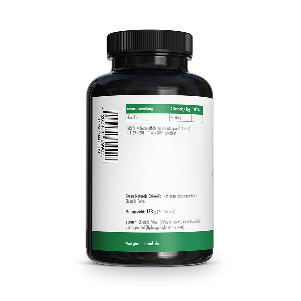 Rückseite eines Chlorella-Behälters mit Nährwertangaben und Inhaltsstoffen. 173g (240 Kapseln).