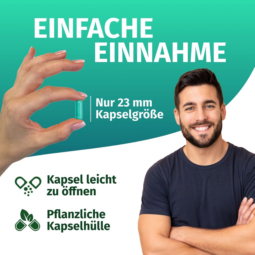 Einfache Einnahme: Hand hält eine 23mm Kapsel. Mann lächelt. "Kapsel leicht zu öffnen", "Pflanzliche Kapselhülle".