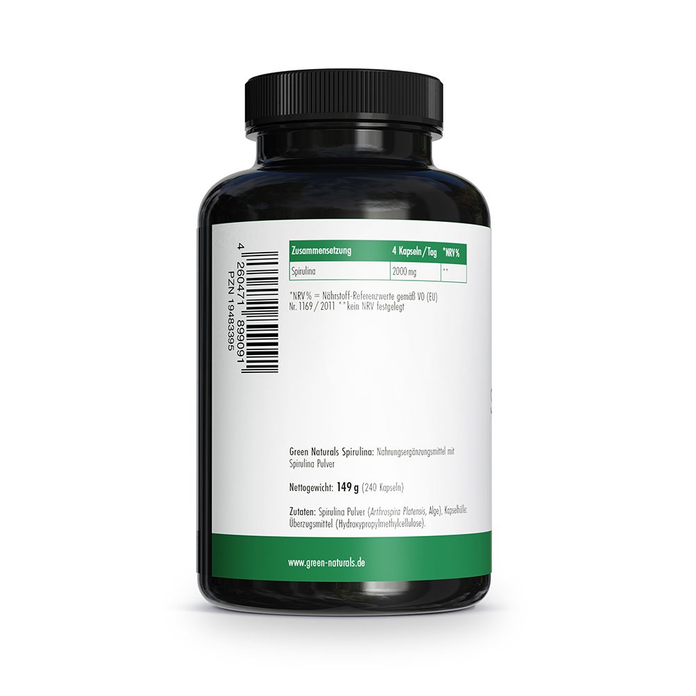 Rückseite Dose: Etikett mit "Zusammensetzung", "Spirulina 2000mg", "240 Kapseln".