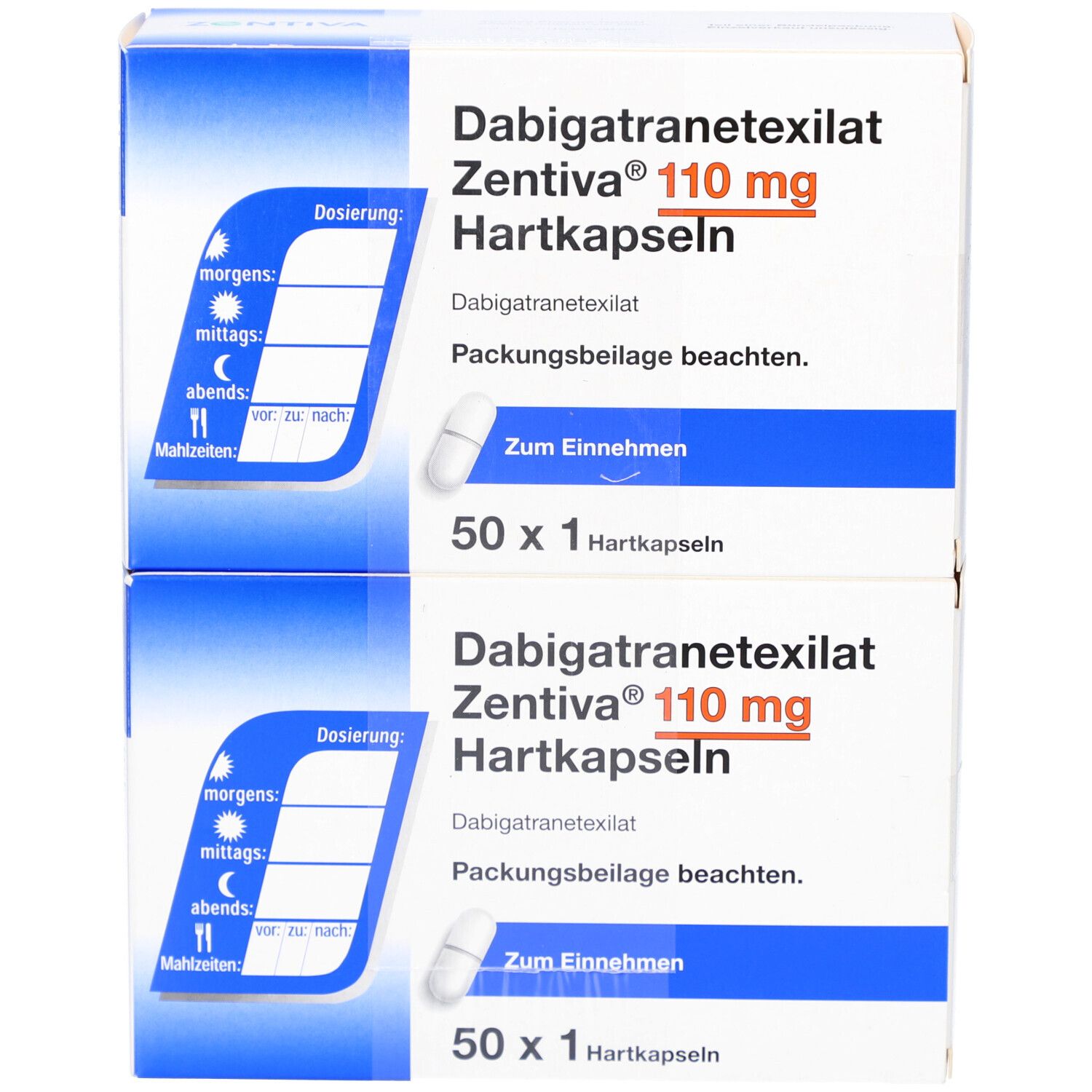 Zwei Schachteln DABIGATRANETEXILAT Zentiva 110 mg Hartkapseln. Jede Schachtel enthält 50 Kapseln. Weiße Kapsel abgebildet.