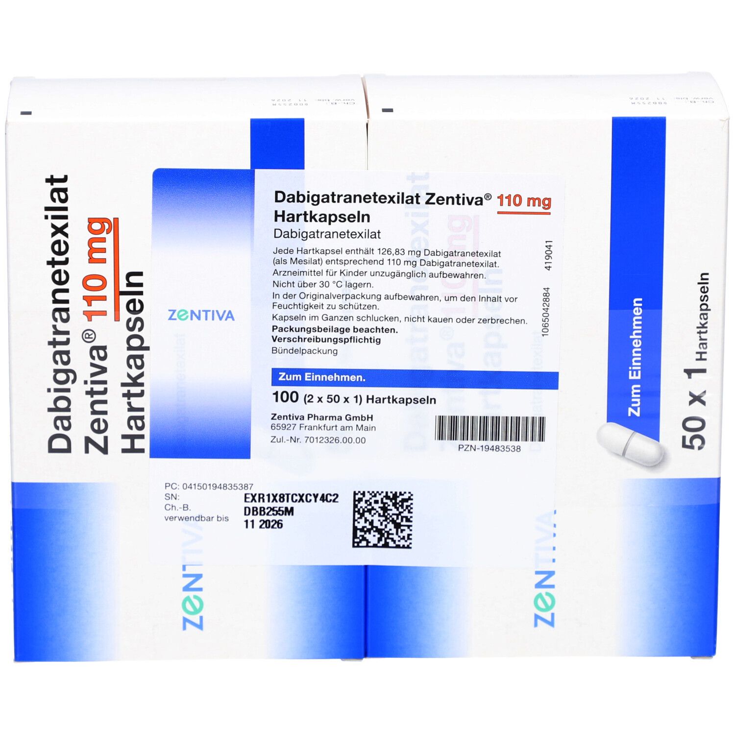 DABIGATRANETEXILAT Zentiva 110 mg Hartkapseln. Packung mit 100 Kapseln (2x50). Weiße Kapsel abgebildet. Zentiva Logo.