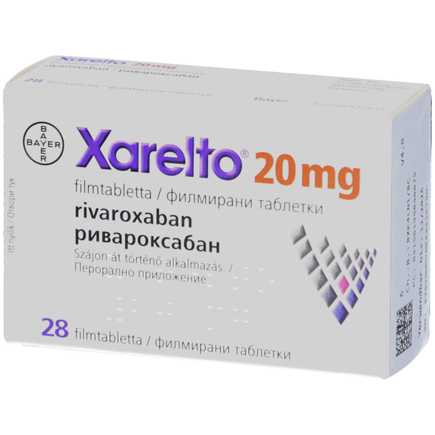 Schachtel Xarelto 20 mg Filmtabletten. Bayer-Logo. 28 Tabletten. Text in mehreren Sprachen.