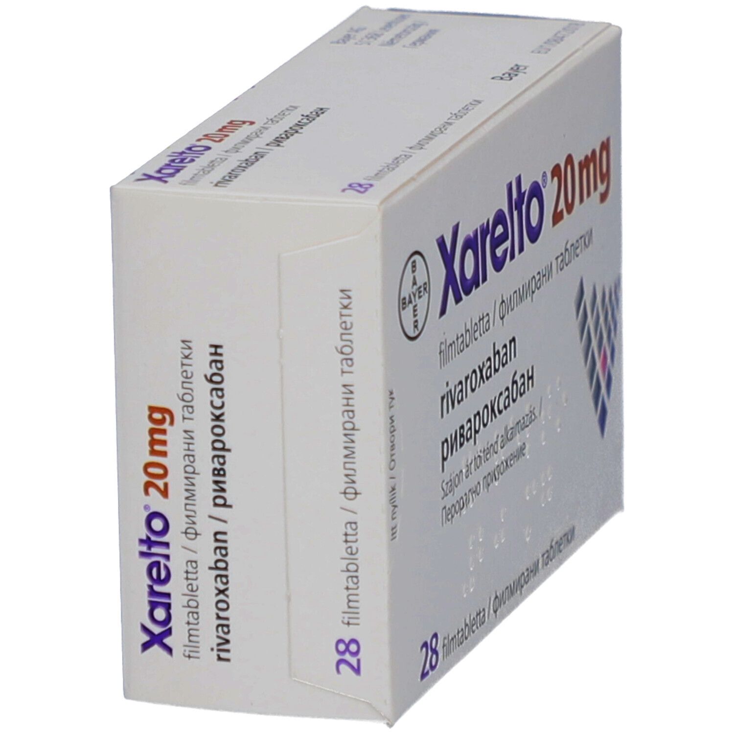 Schachtel Xarelto 20 mg Filmtabletten. Bayer-Logo. 28 Tabletten. Seitenansicht.