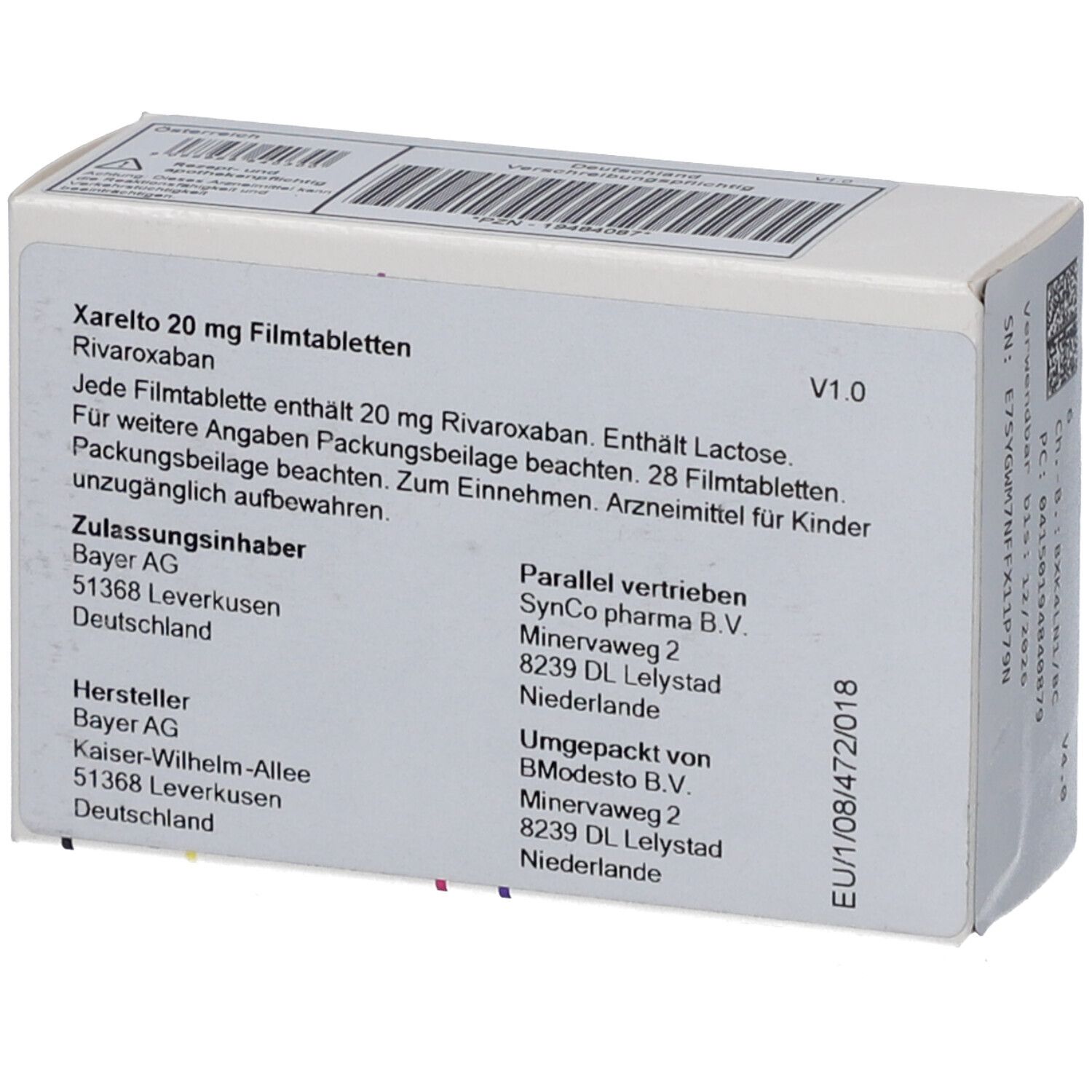 Rückseite der Schachtel Xarelto 20 mg Filmtabletten. Textinformationen, Herstellerangaben, Chargennummer.