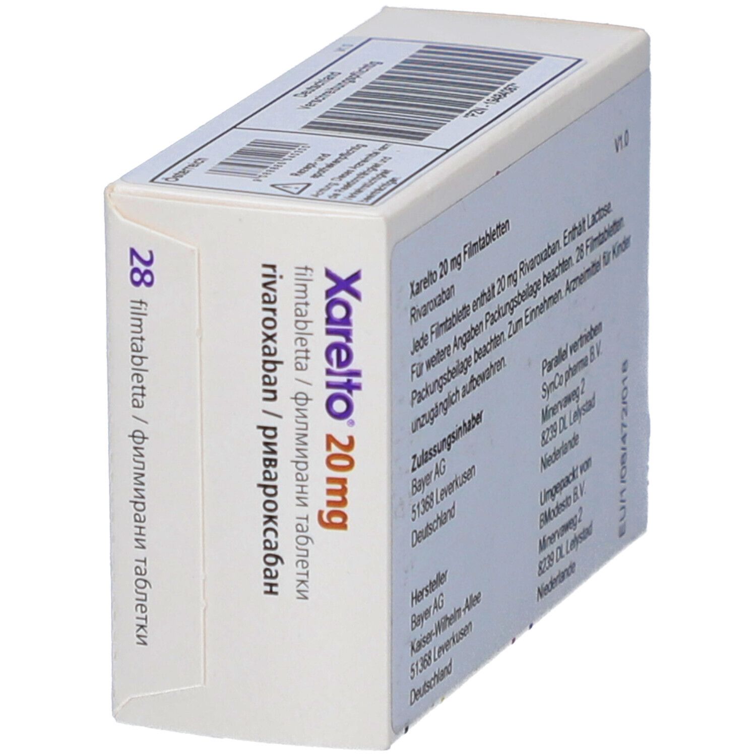 Schachtel Xarelto 20 mg Filmtabletten. Bayer-Logo. 28 Tabletten. Schräge Ansicht.