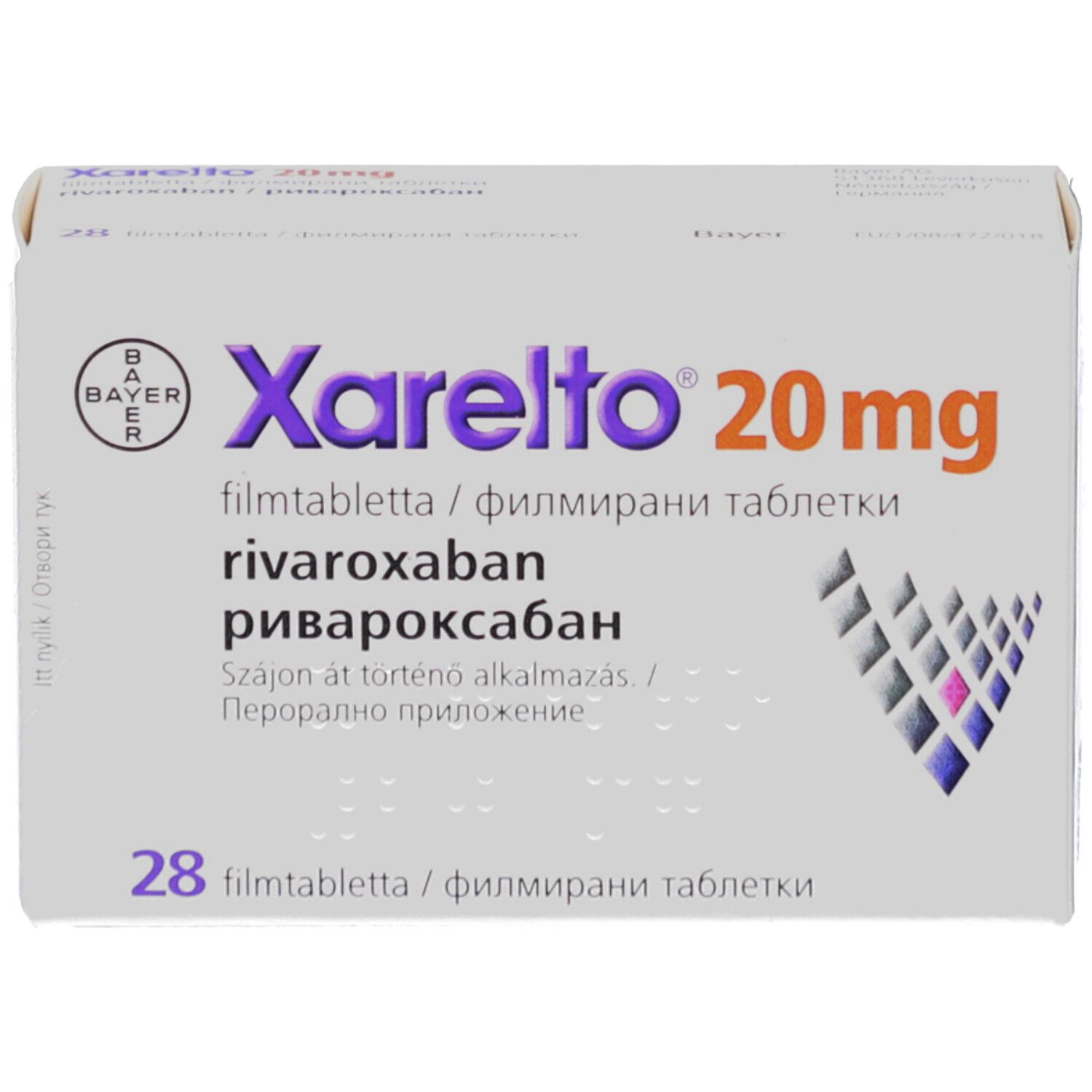 Schachtel Xarelto 20 mg Filmtabletten. Bayer-Logo. 28 Tabletten. Text in mehreren Sprachen.