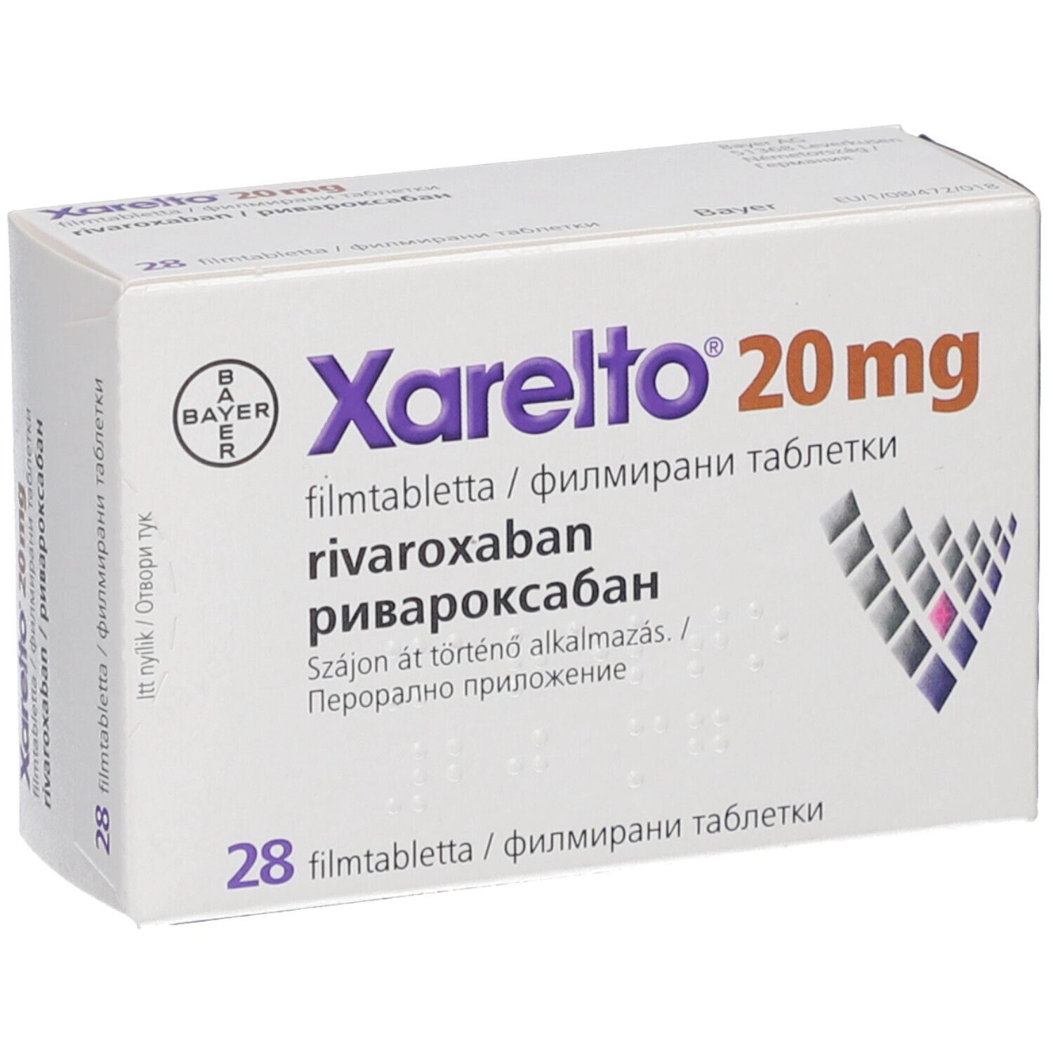 Schachtel Xarelto 20 mg Filmtabletten. Bayer-Logo. 28 Tabletten. Text in mehreren Sprachen.
