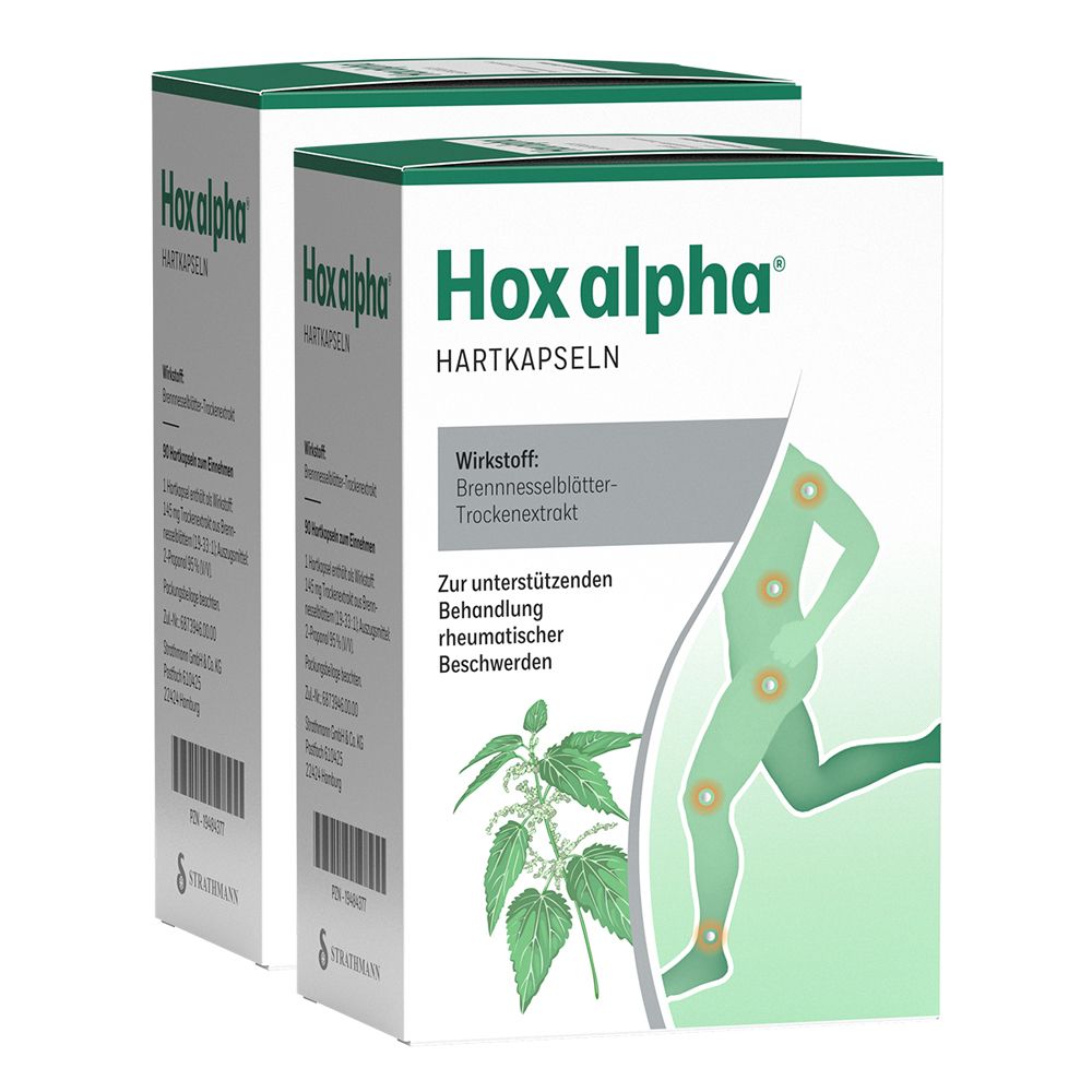Zwei Schachteln Hox alpha® Hartkapseln. Aufdruck: Wirkstoff Brennnesselblätter-Trockenextrakt. Behandlung rheumatischer Beschwerden.