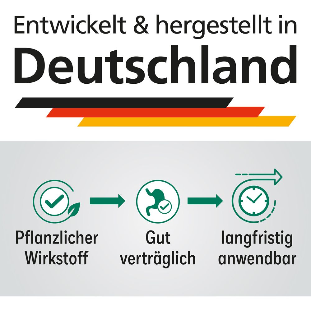 Grafik: Pflanzlicher Wirkstoff, gut verträglich, langfristig anwendbar. Flaggen: Deutschland.