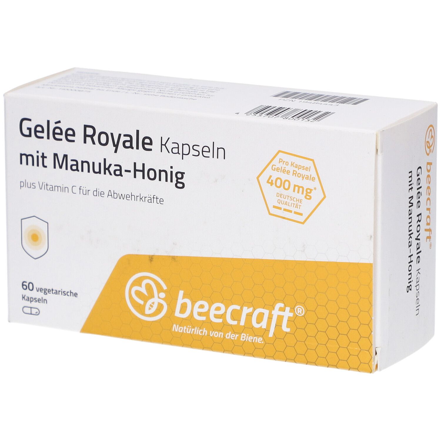 Weißer Karton mit Aufschrift 'Gelee Royale Kapseln mit Manuka-Honig'. Logo 'beecraft'. 60 Kapseln.
