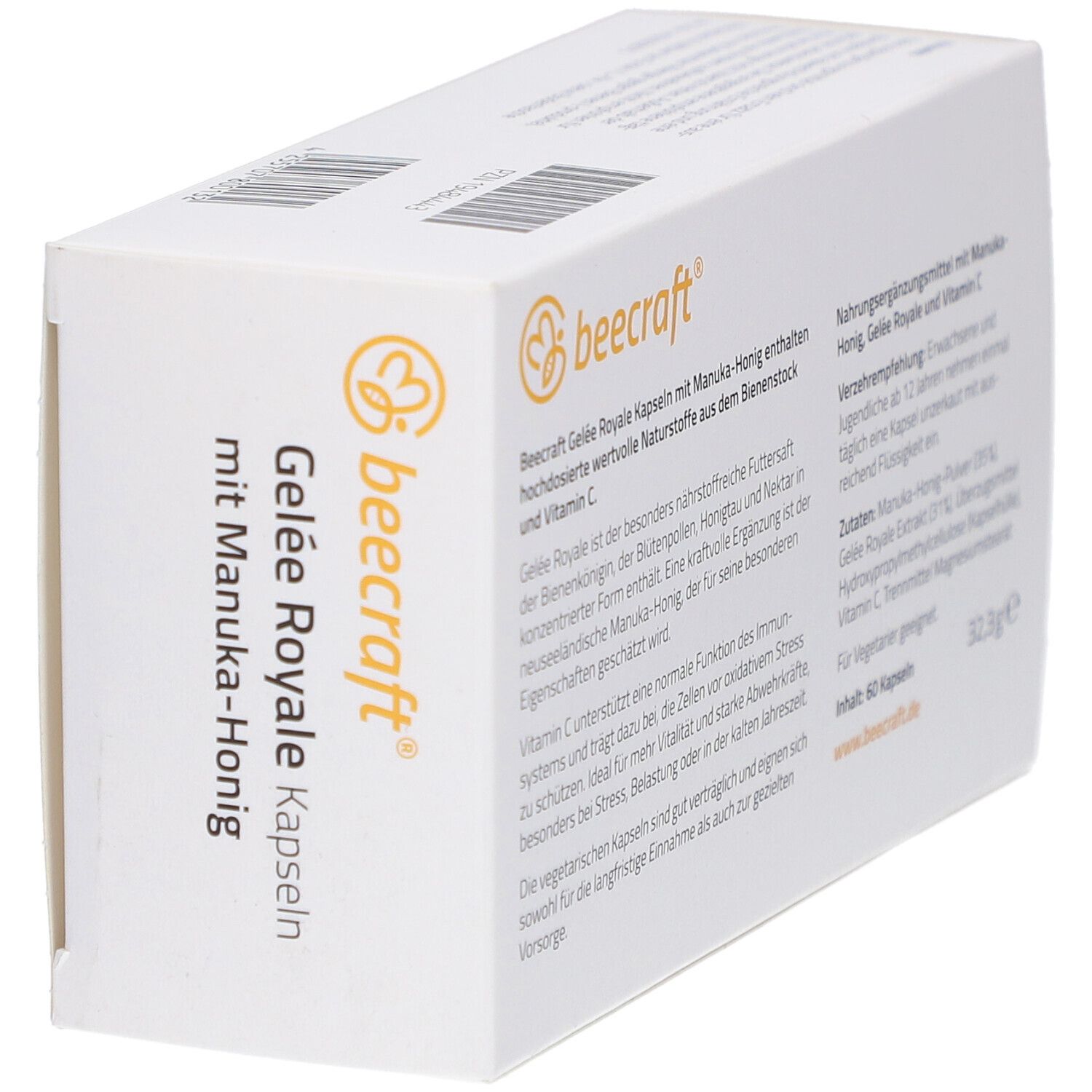 Seitenansicht der weißen Kartonverpackung. Text: 'Gelee Royale Kapseln mit Manuka-Honig'. Logo 'beecraft'.