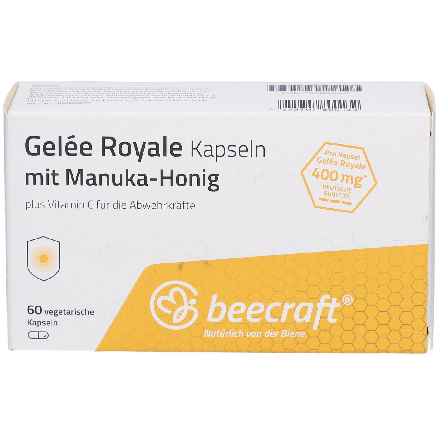 Weiße Kartonverpackung mit 'Gelee Royale Kapseln mit Manuka-Honig'. Logo 'beecraft'. 60 Kapseln. Deutsche Qualität.