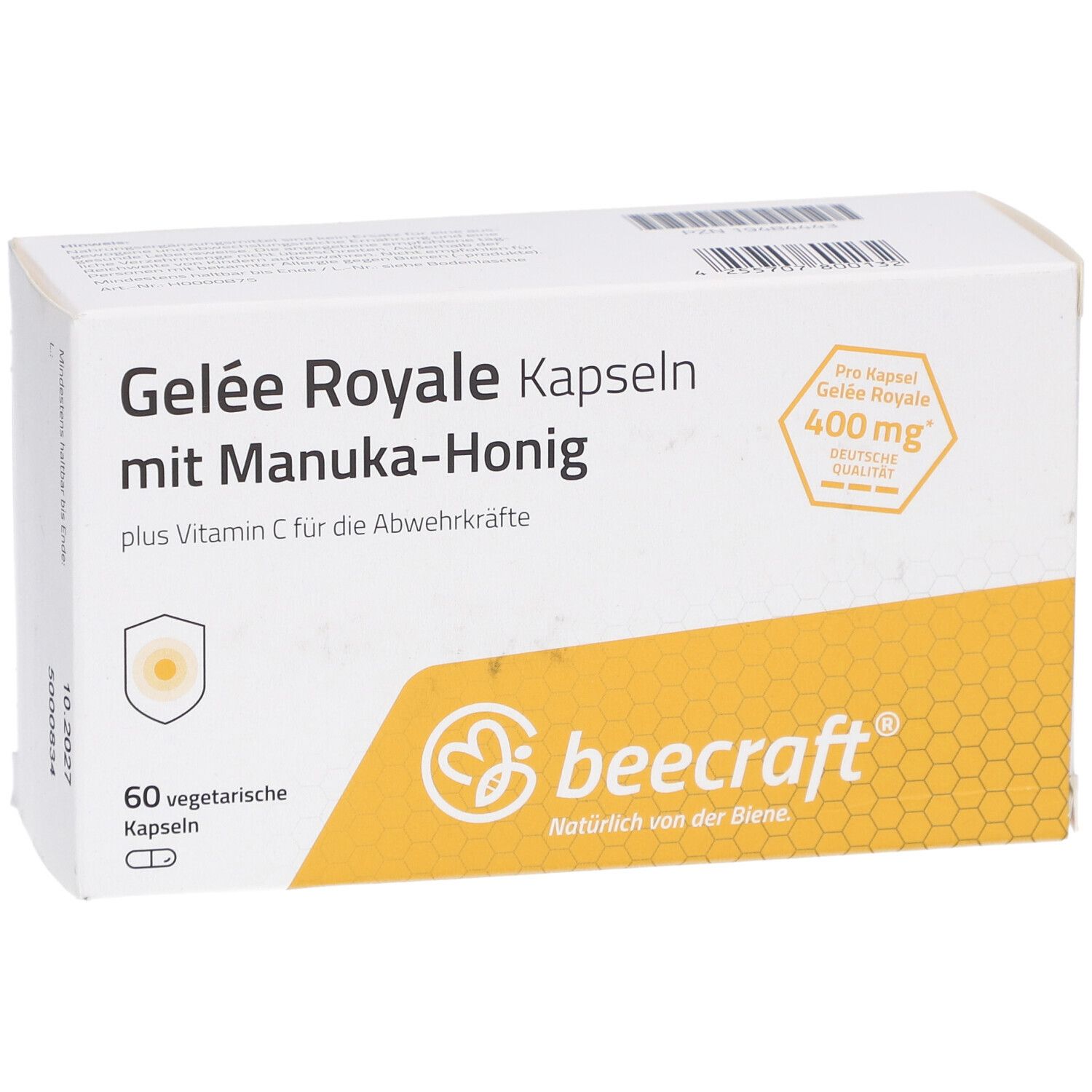 Weiße Kartonverpackung mit 'Gelee Royale Kapseln mit Manuka-Honig'. Logo 'beecraft'. 60 Kapseln.