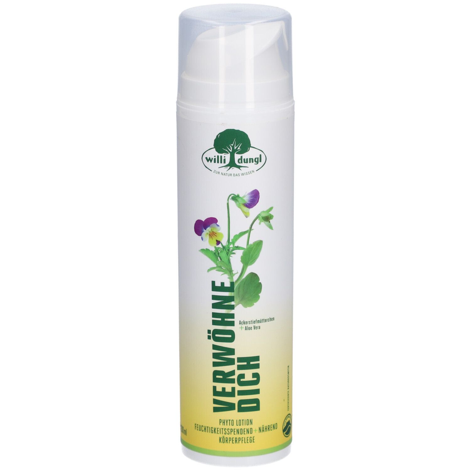 Weiße Flasche mit Pumpverschluss. Aufdruck mit Logo, Blüte und Schriftzug "VERWÖHNE DICH".