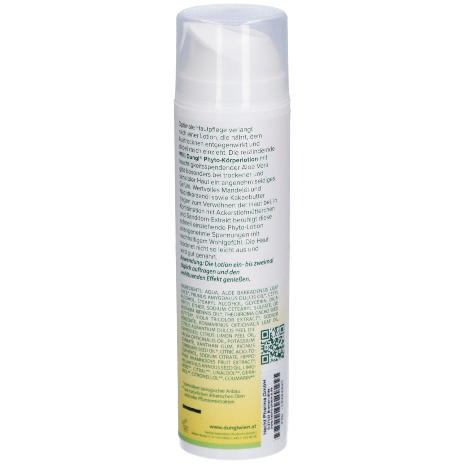 Weiße Flasche mit Pumpverschluss. Rückseite mit Produktbeschreibung und Inhaltsstoffen.