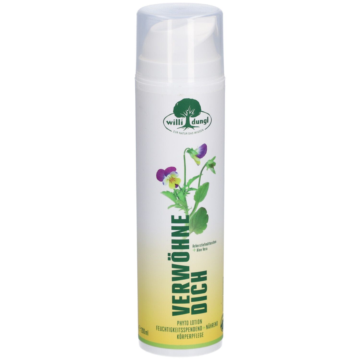 Weiße Flasche mit Pumpverschluss. Aufdruck mit Logo, Blüte und Schriftzug "VERWÖHNE DICH".
