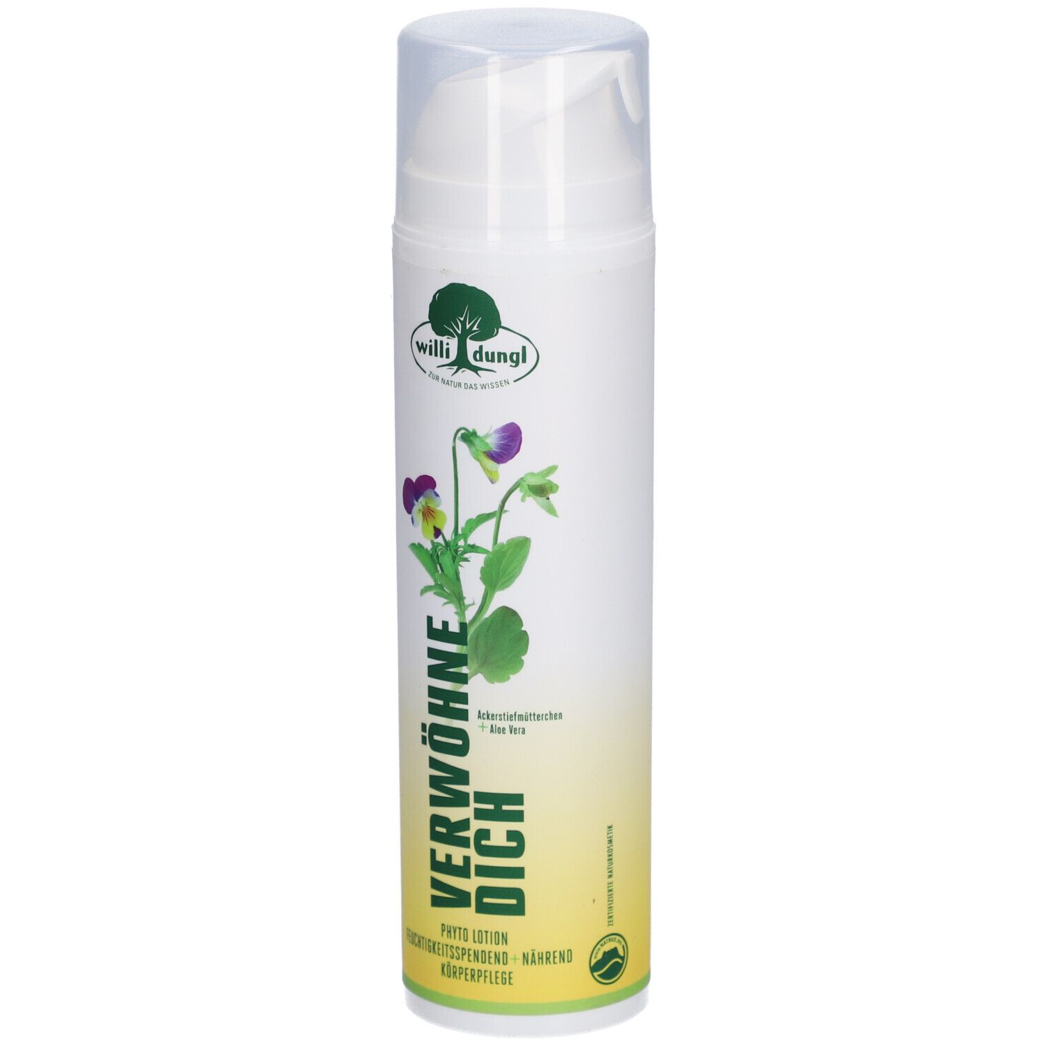 Weiße Flasche mit Pumpverschluss. Aufdruck mit Logo, Blüte und Schriftzug "VERWÖHNE DICH".