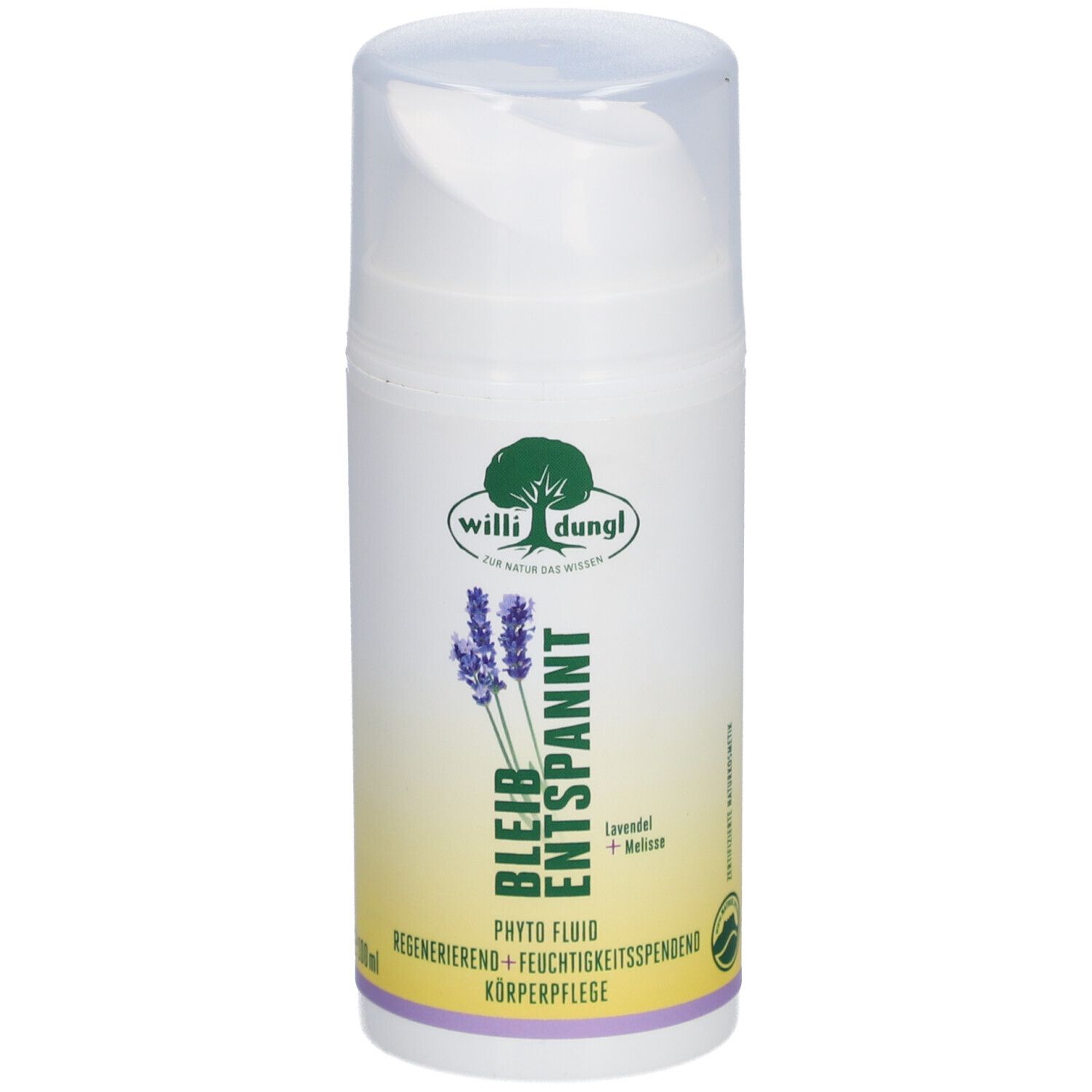 Weißer Spender mit Produktbezeichnung und Logo. Text: Bleib Entspannt, Phyto Fluid, Körperpflege. Lavendel und Melisse.