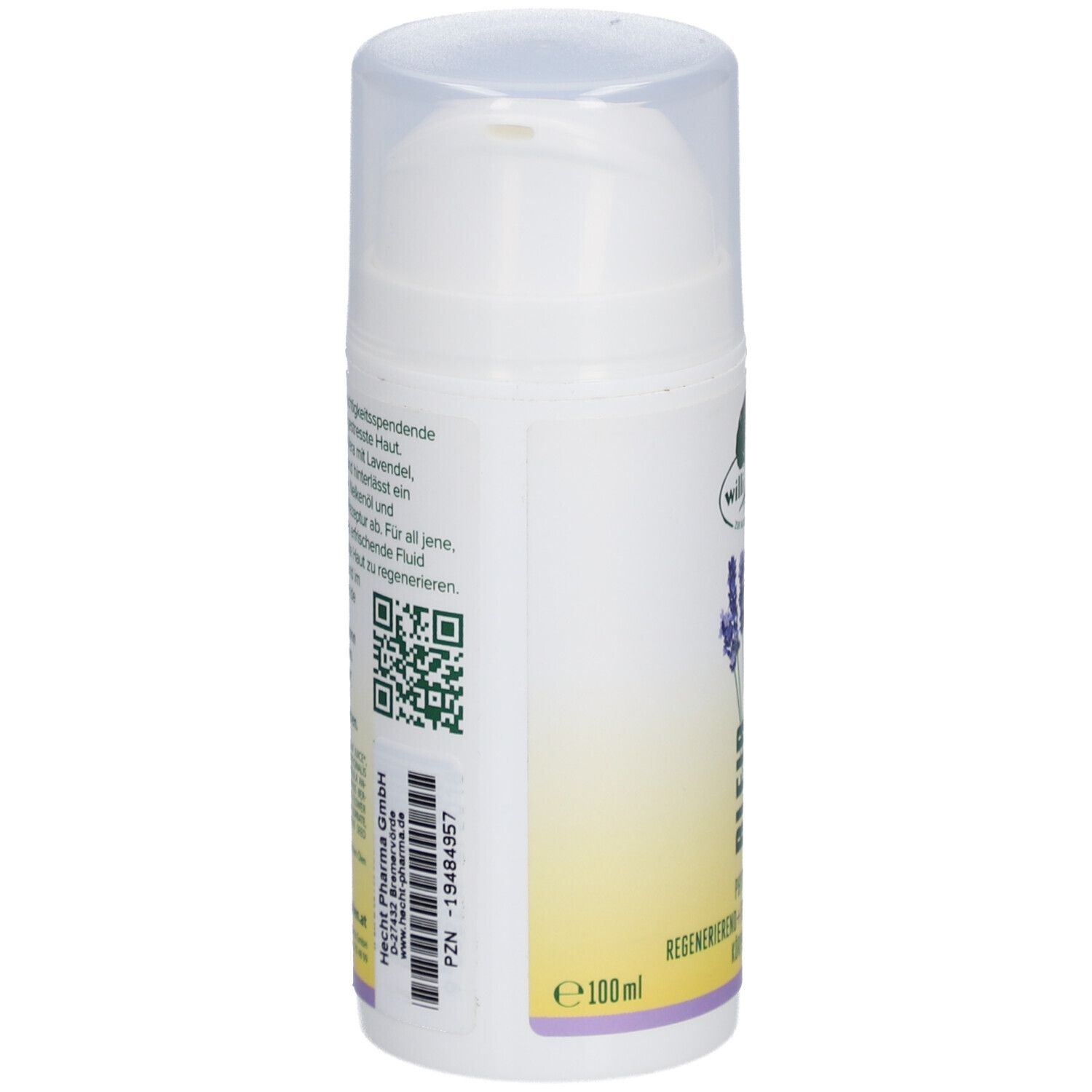 Weißer Spender, Seitenansicht. Text und QR-Code. PZN-15484957. e100ml. Herstellerinformationen.
