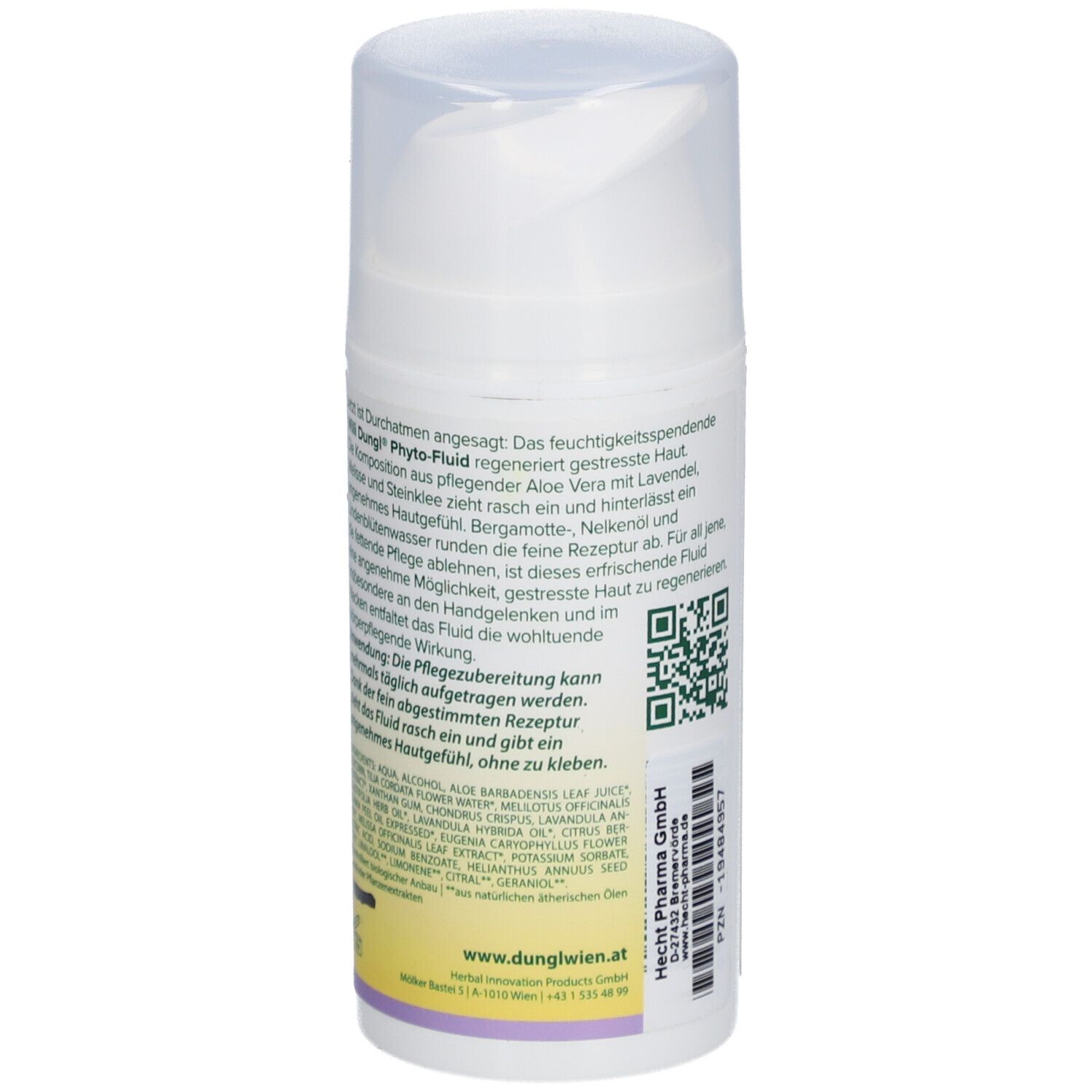 Weißer Spender, Rückansicht. Text mit Inhaltsstoffen und Anwendungshinweisen. QR-Code.