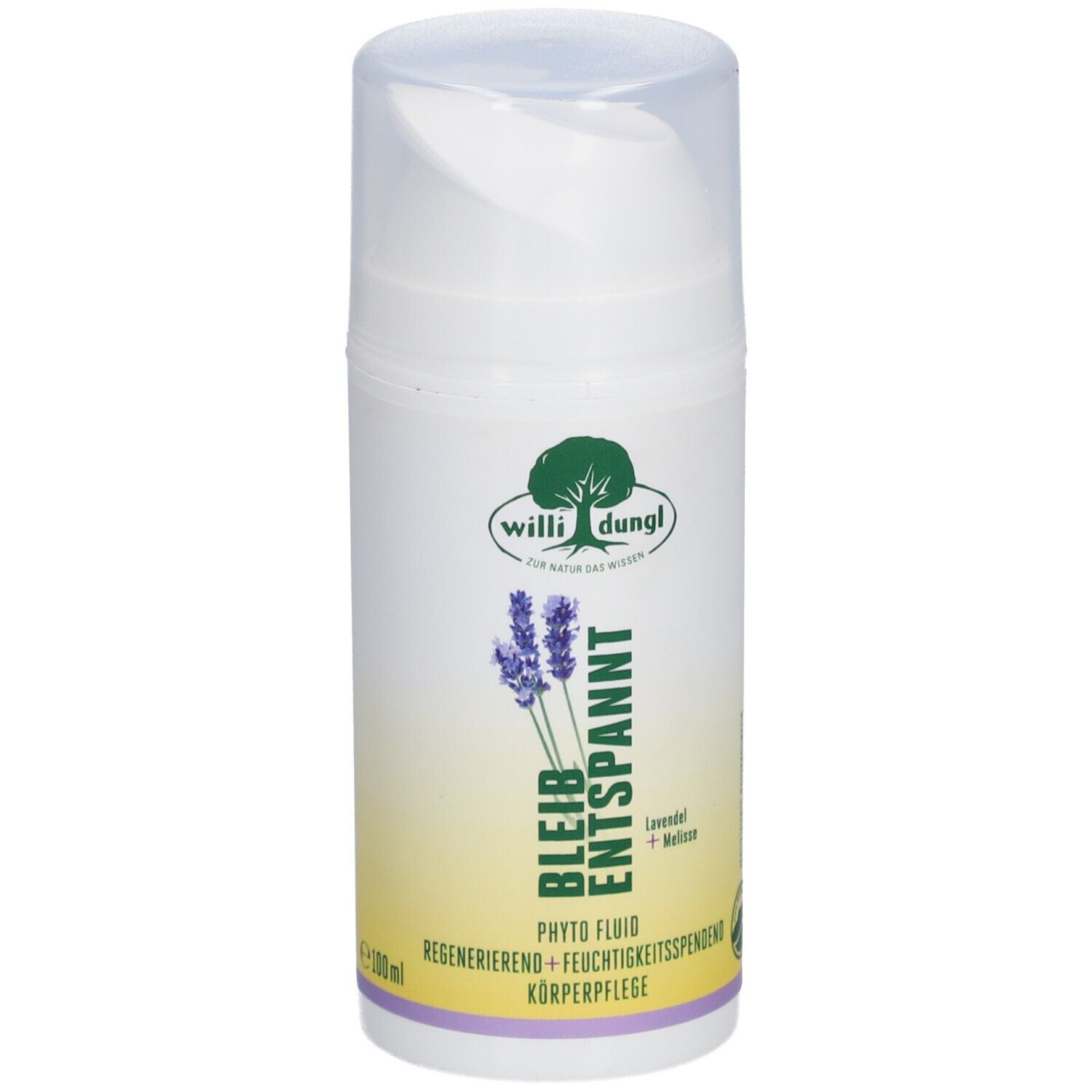Weißer Spender mit Produktbezeichnung und Logo. Text: Bleib Entspannt, Phyto Fluid, Körperpflege. Lavendel und Melisse.