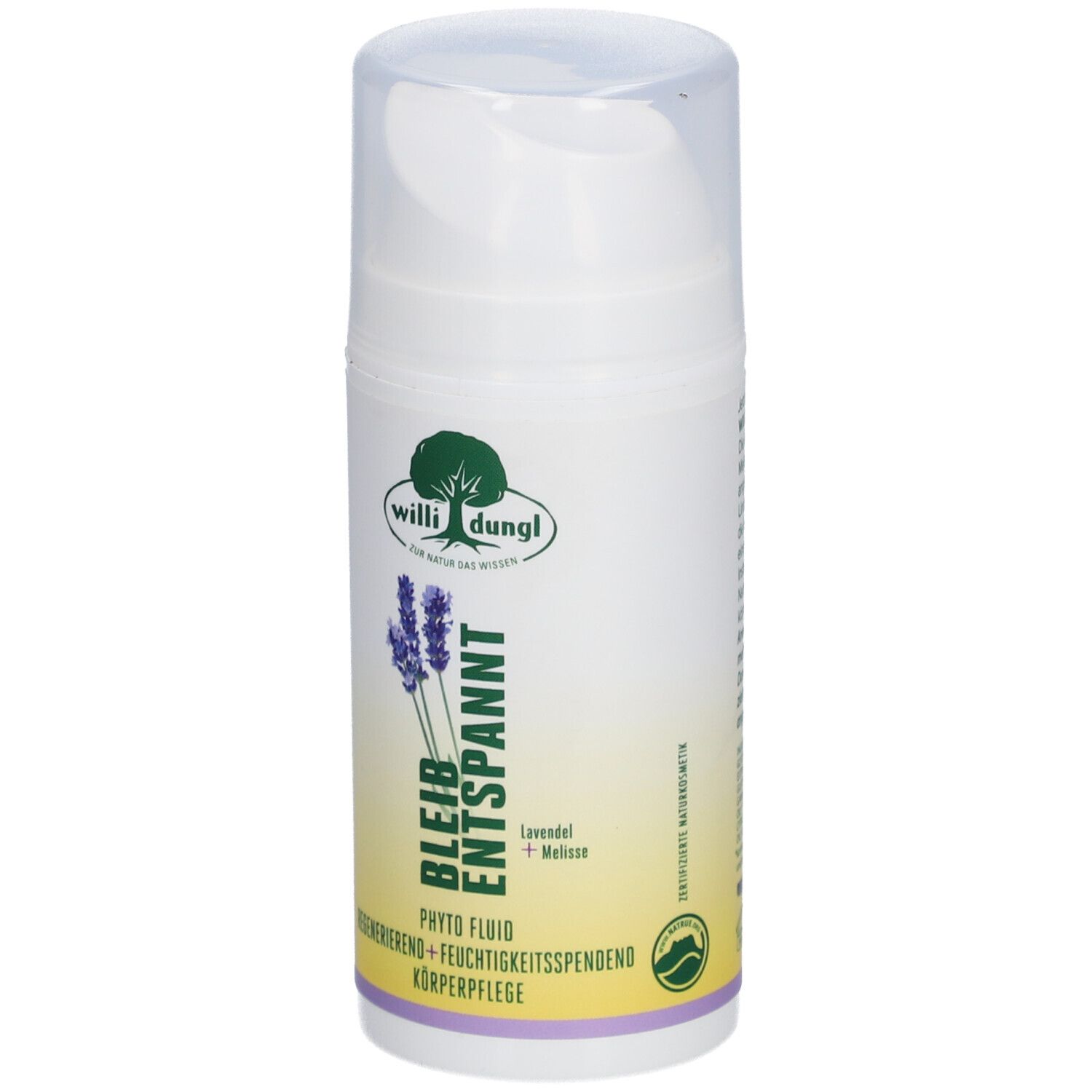 Weißer Spender mit Produktbezeichnung und Logo. Text: Bleib Entspannt, Phyto Fluid, Körperpflege. Lavendel und Melisse.
