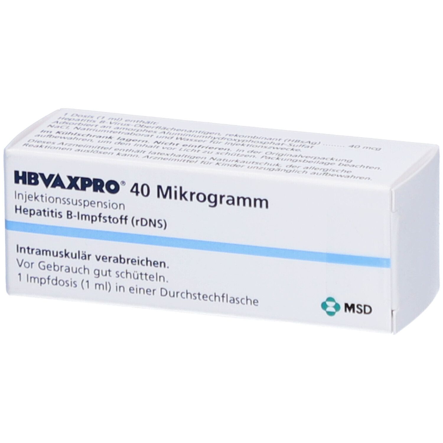 Weiße Verpackung von HBVAXPRO 40 Mikrogramm. Text: Injektionssuspension, Hepatitis B-Impfstoff (rDNS). MSD-Logo.