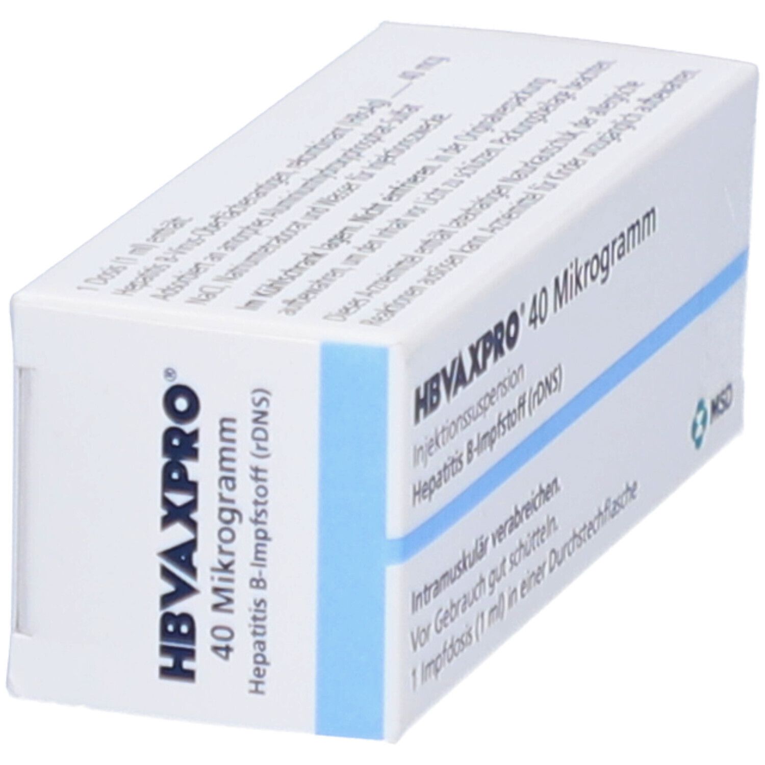Schräg gestellte weiße Verpackung von HBVAXPRO 40 Mikrogramm. Text: Injektionssuspension, Hepatitis B-Impfstoff (rDNS).