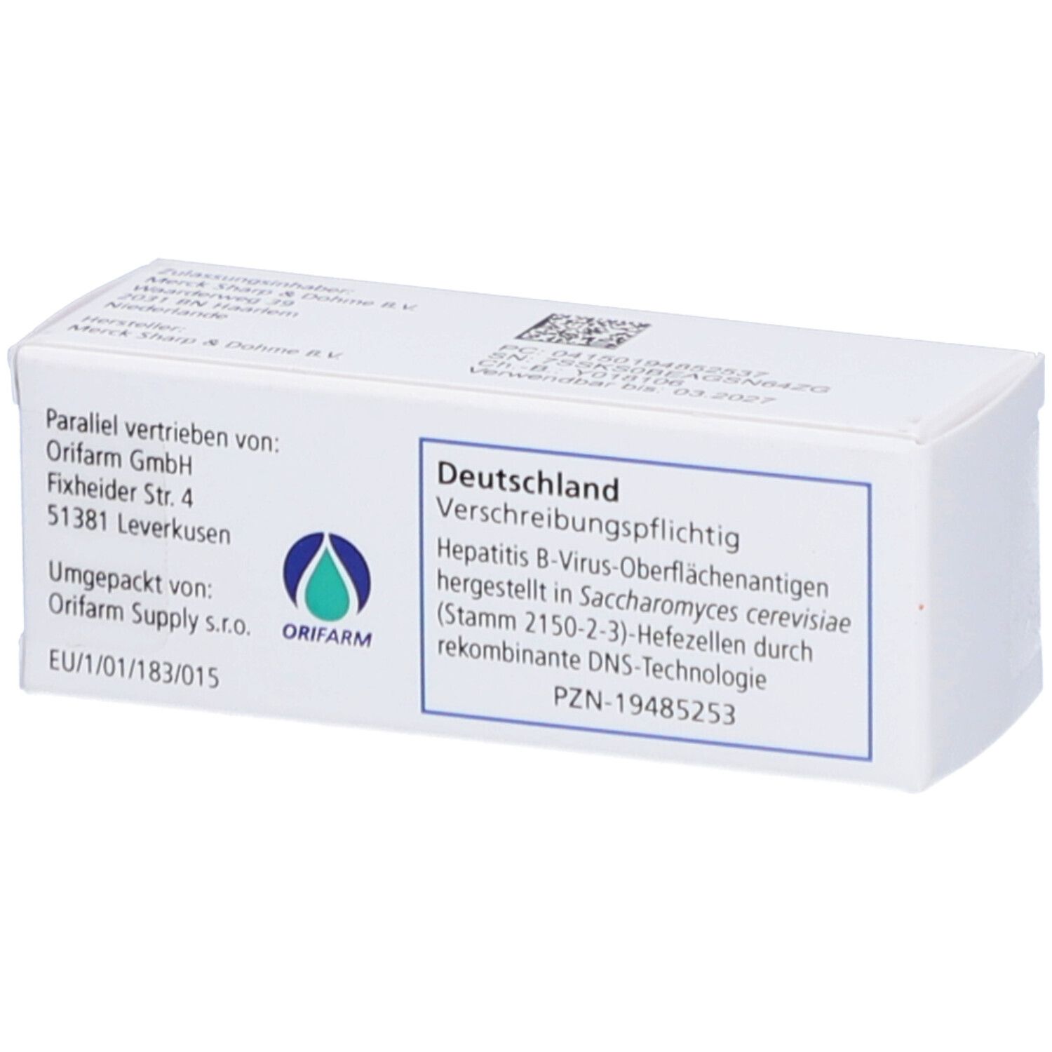 Weiße Verpackung mit Text. Text: Orifarm GmbH, Deutschland, Verschreibungspflichtig, Hepatitis B-Virus-Oberflächenantigen.