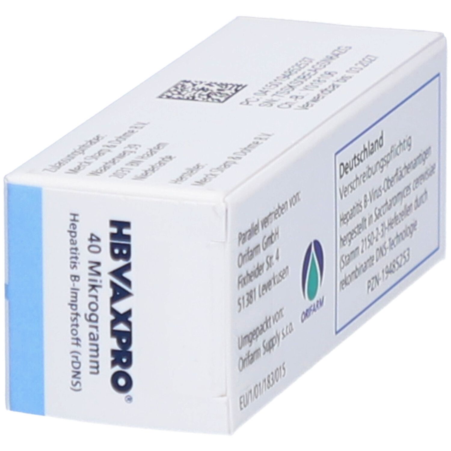 Schräg gestellte weiße Verpackung von HBVAXPRO 40 Mikrogramm. Text: Injektionssuspension, Hepatitis B-Impfstoff (rDNS).