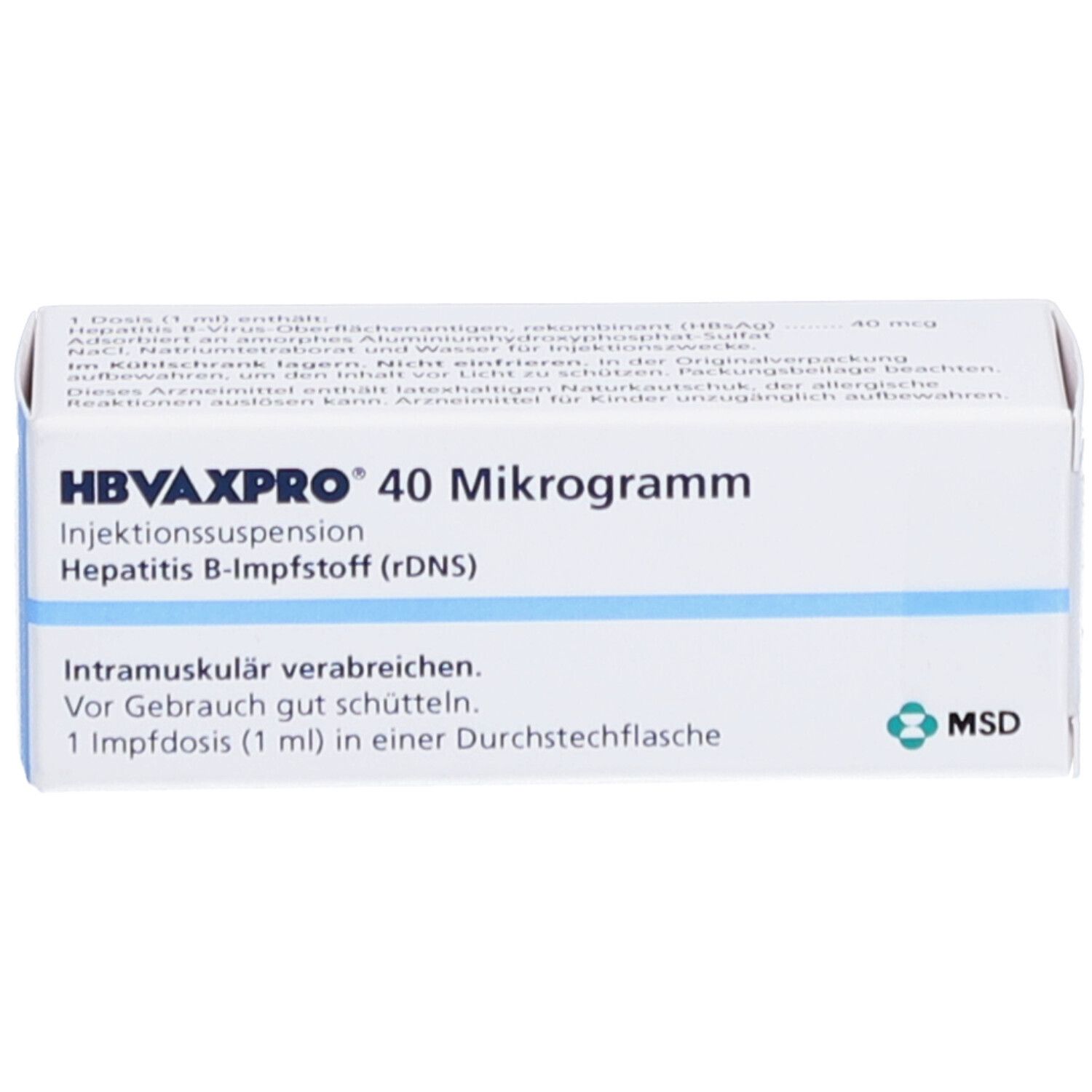 Weiße Verpackung von HBVAXPRO 40 Mikrogramm. Text: Injektionssuspension, Hepatitis B-Impfstoff (rDNS). MSD-Logo.